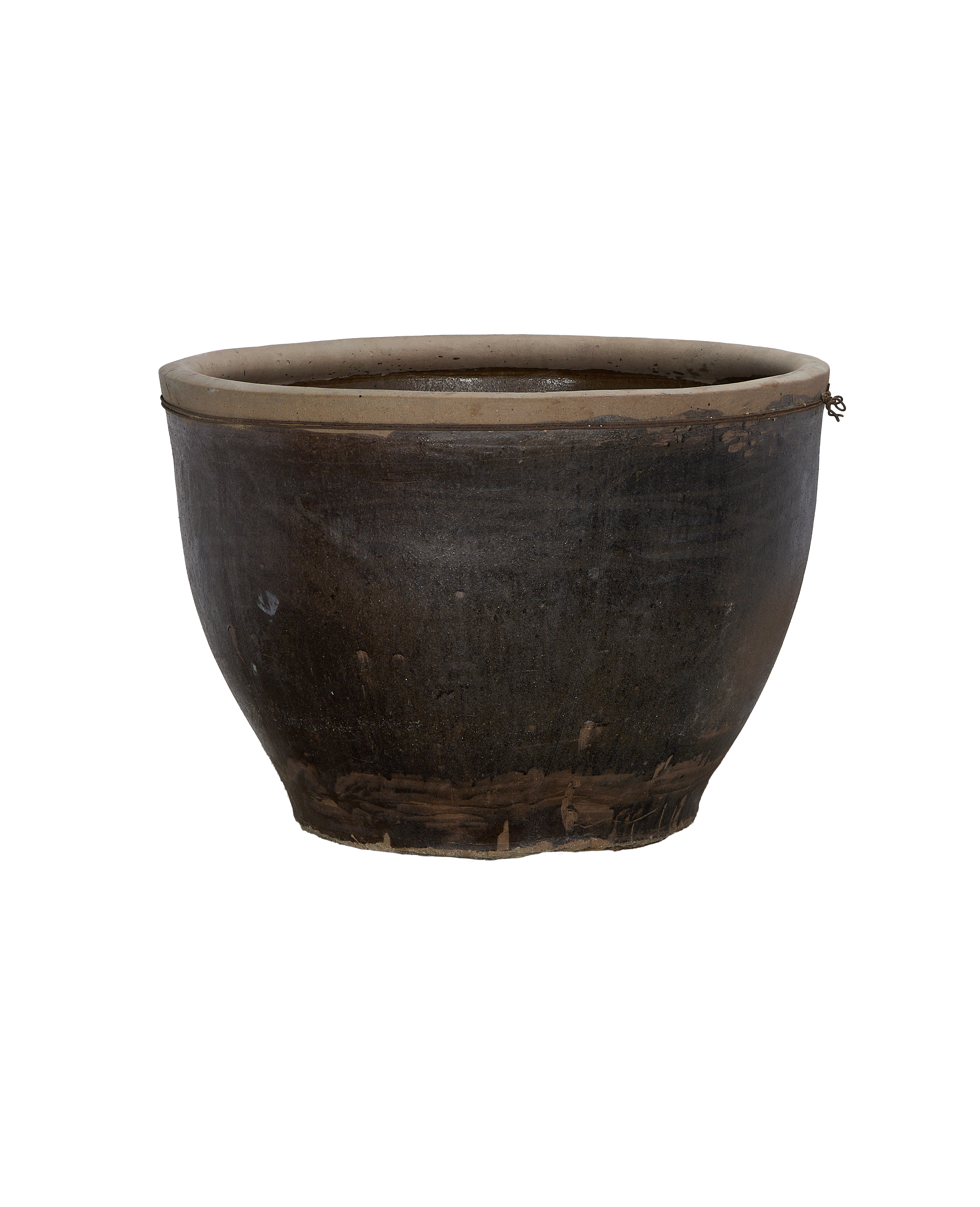 Vintage Chinese mulberry planter, close view showcasing rustic oak finish, aged terracotta rim.