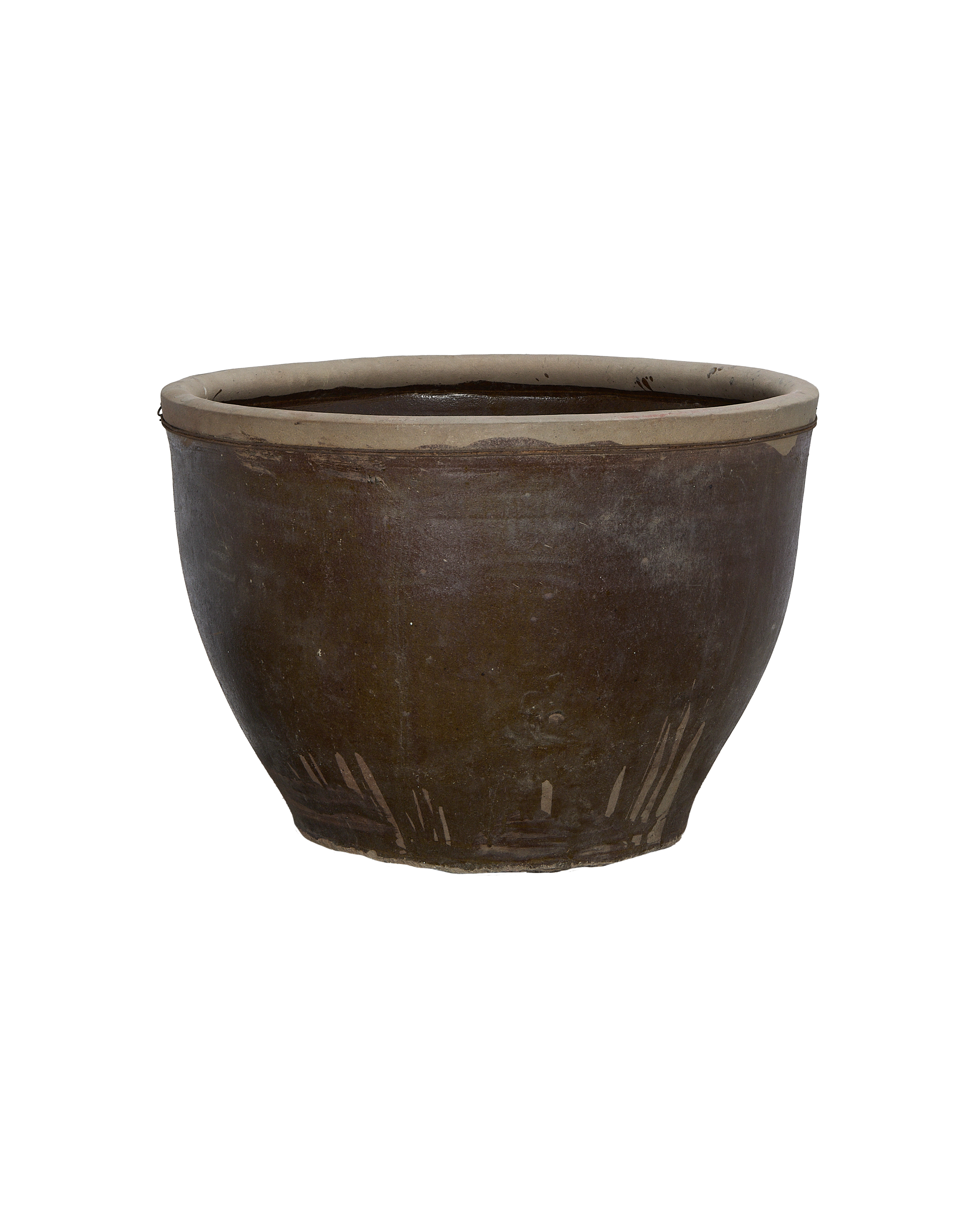 Vintage Chinese mulberry planter, brown oak, showcasing top rim and exterior texture.