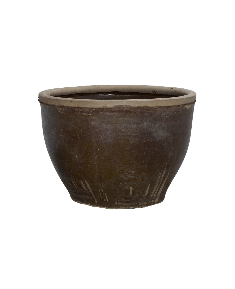 Vintage Chinese mulberry planter, brown oak, showcasing top rim and exterior texture.