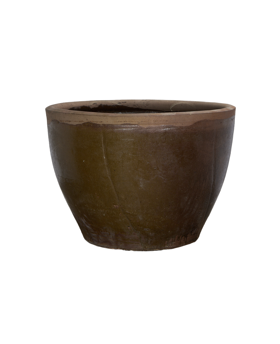 Vintage Chinese OAK Mulberry planter, showing the weathered rim and tapered base unique to this era.
