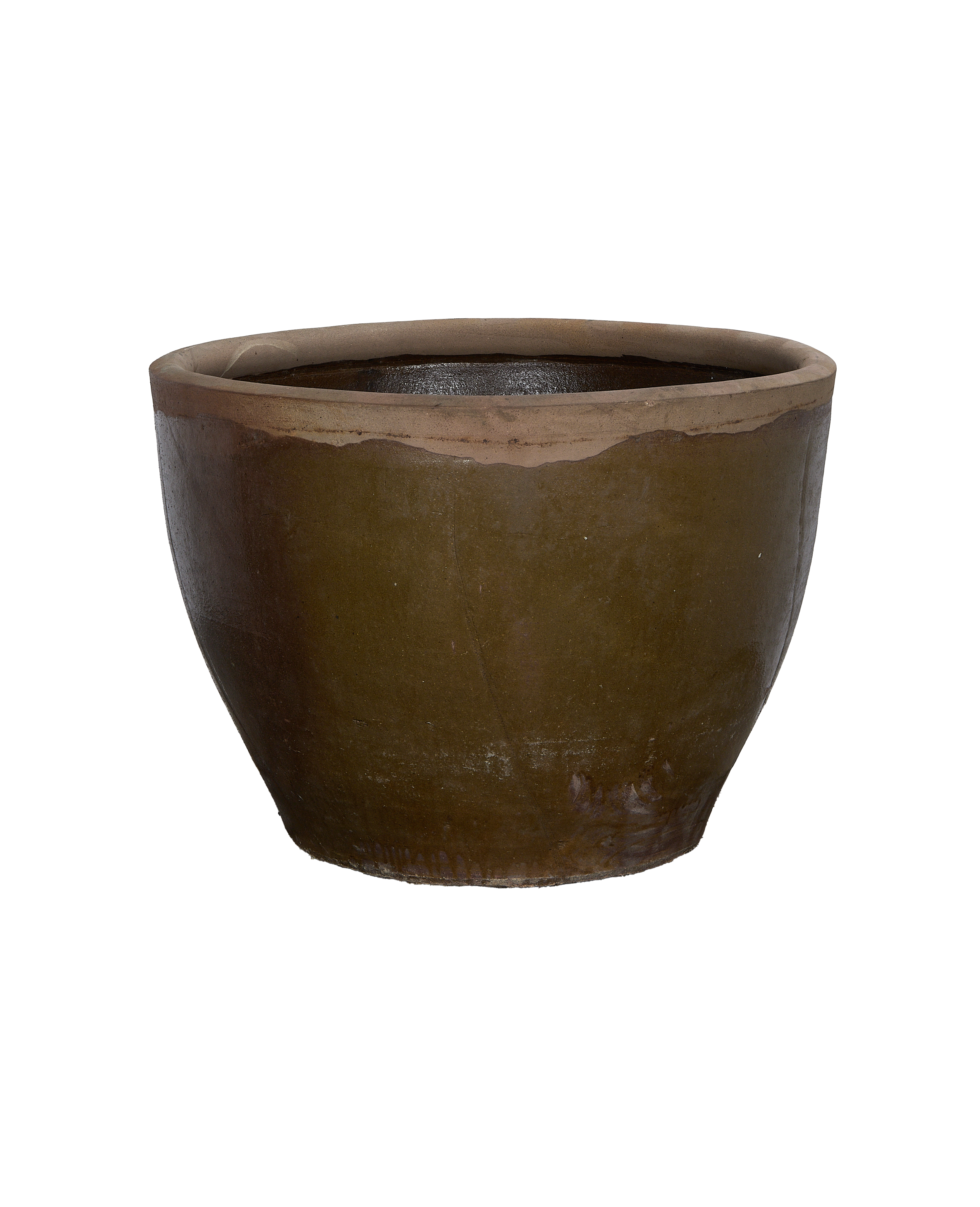 Vintage Chinese Mulberry planter, rich oak brown glazed ceramic, showcasing aged rim and textural details.