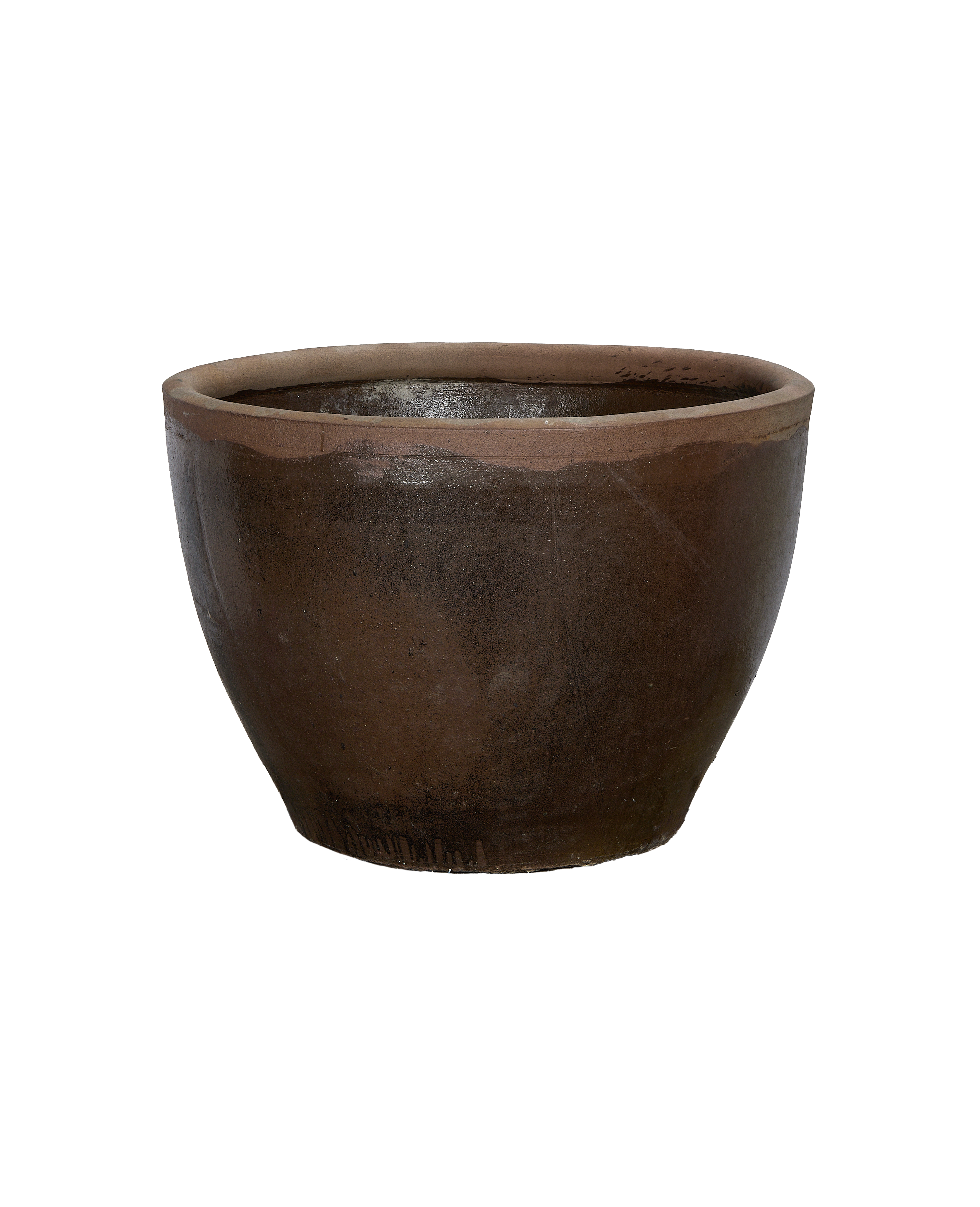 Vintage Chinese Mulberry Planter. Rustic brown terracotta, showing aged matte and glossy textures.