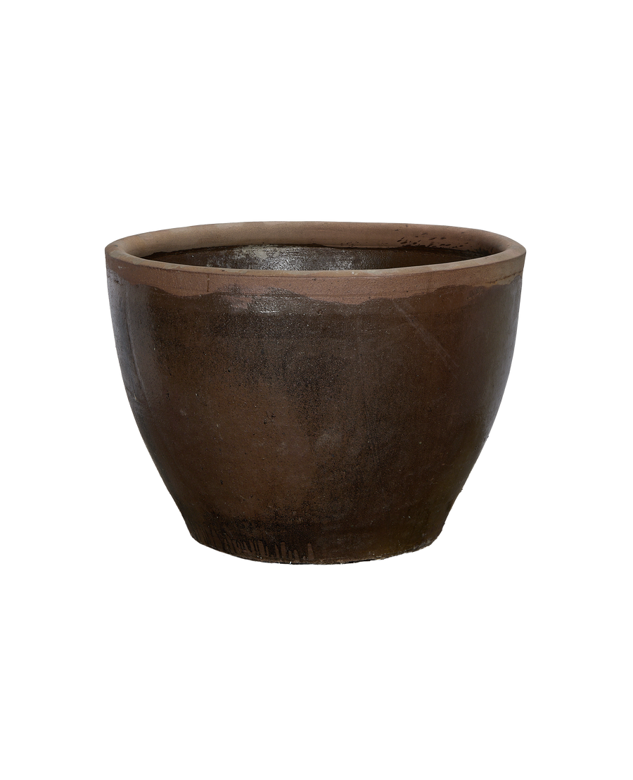 Vintage Chinese Mulberry Planter. Rustic brown terracotta, showing aged matte and glossy textures.