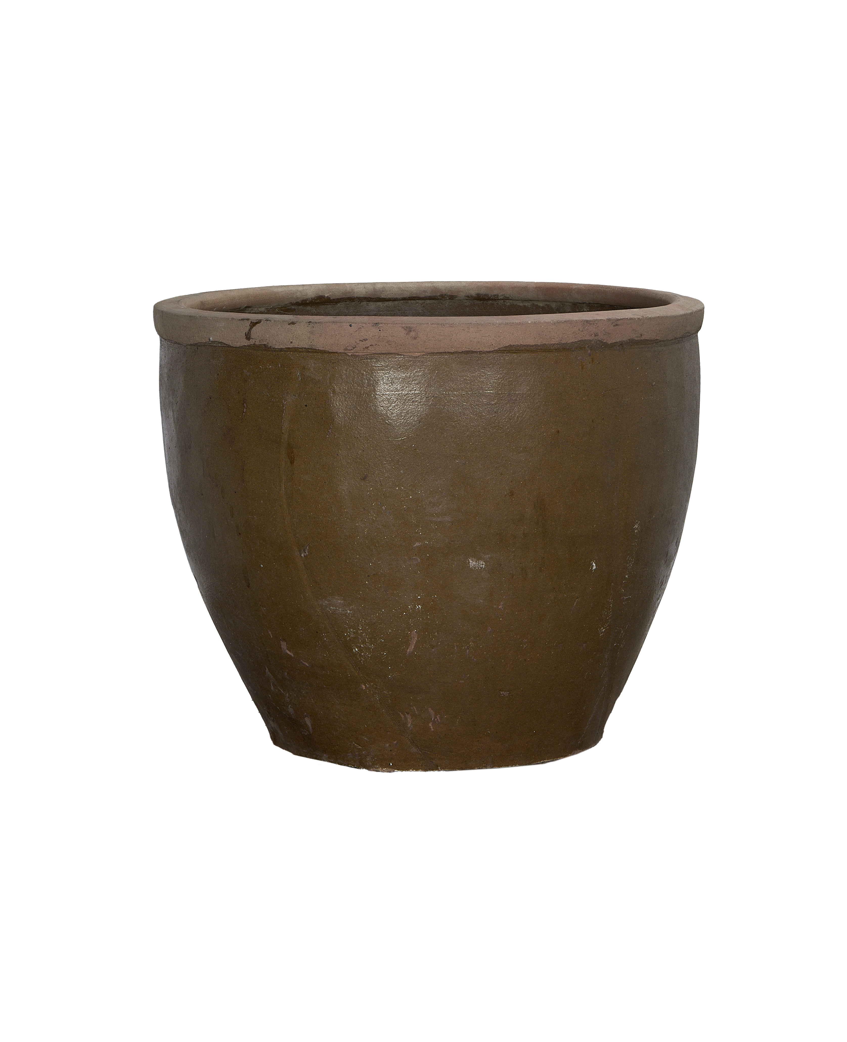 Vintage Chinese Mulberry Planter, round, OAK, with naturally distressed, mottled brown finish.