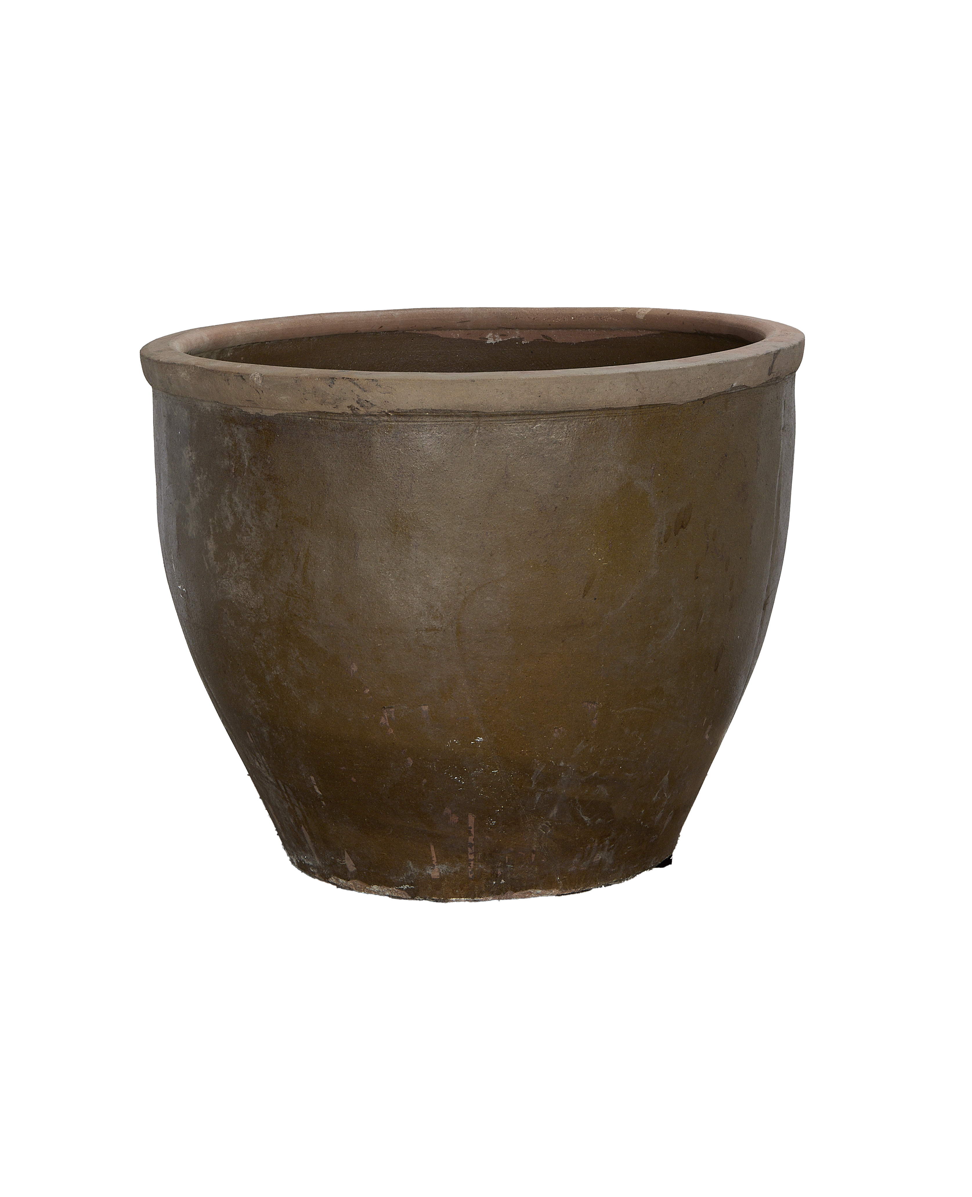 Vintage Chinese Mulberry OAK planter, distressed brown finish, showcasing top rim and exterior texture.