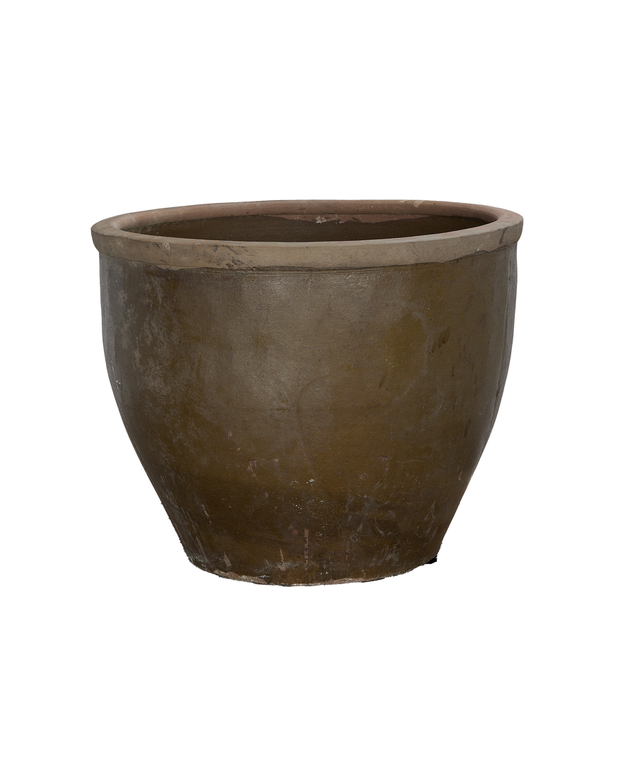 Vintage Chinese Mulberry OAK planter, distressed brown finish, showcasing top rim and exterior texture.