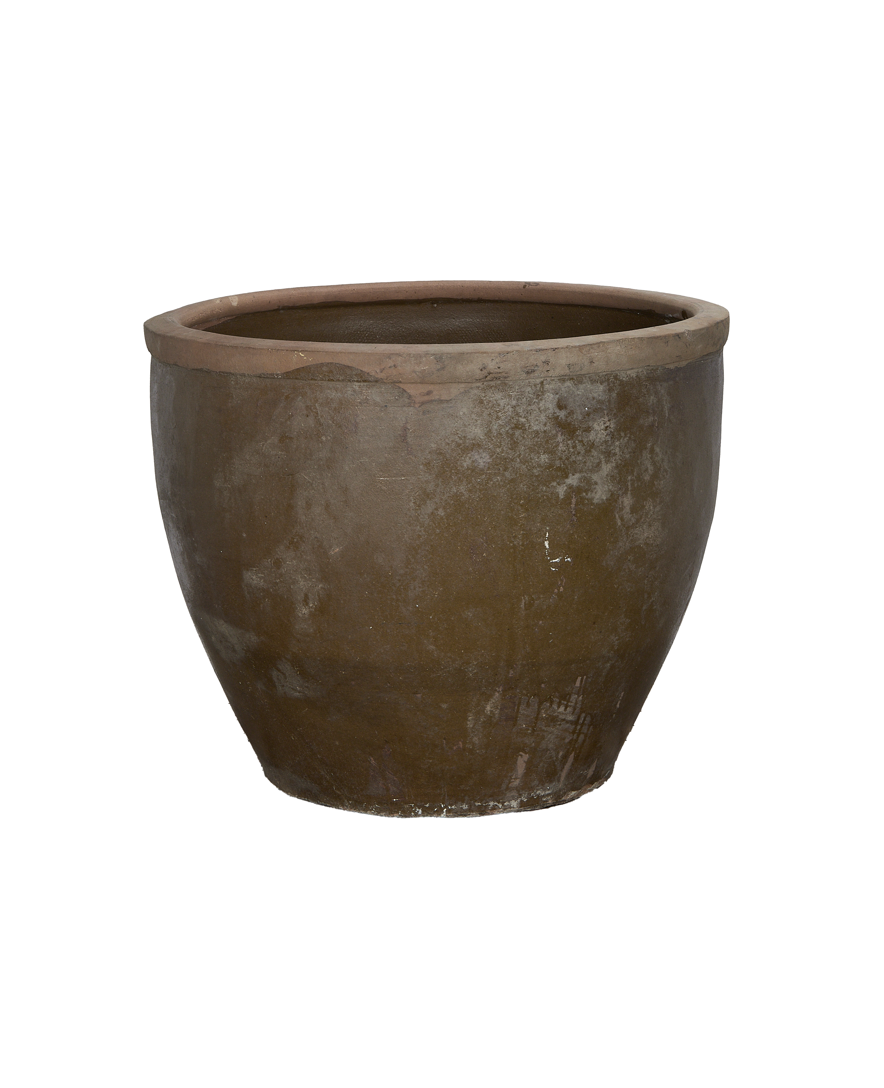 Vintage Chinese mulberry planter, close-up showing weathered brown OAK finish and rolled rim.