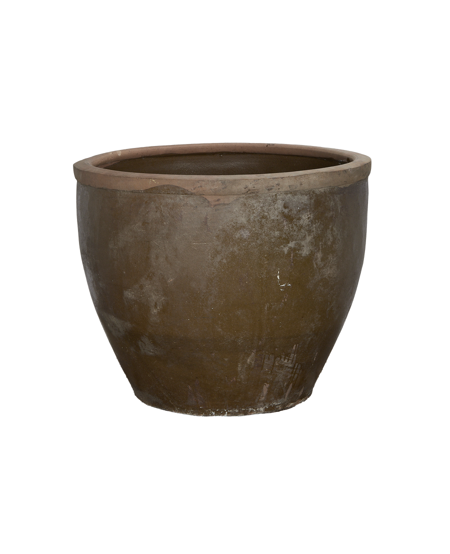 Vintage Chinese mulberry planter, close-up showing weathered brown OAK finish and rolled rim.