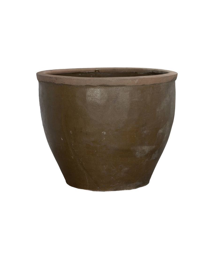Vintage Mulberry glazed terracotta planter from China, showing interior rim detail.