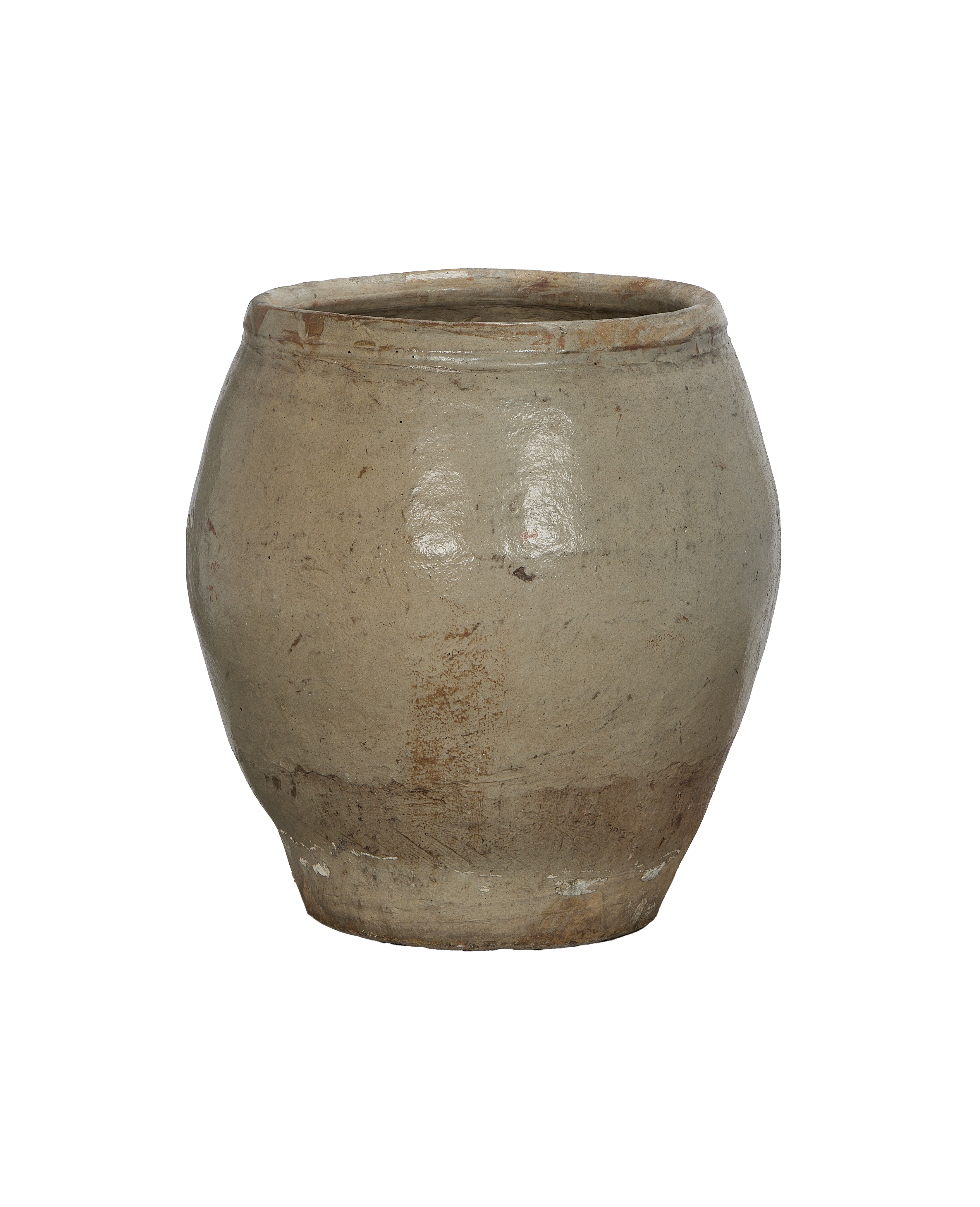 Vintage Chinese OAK plum planter, distressed light gray, rustic drum shape, weathered condition.