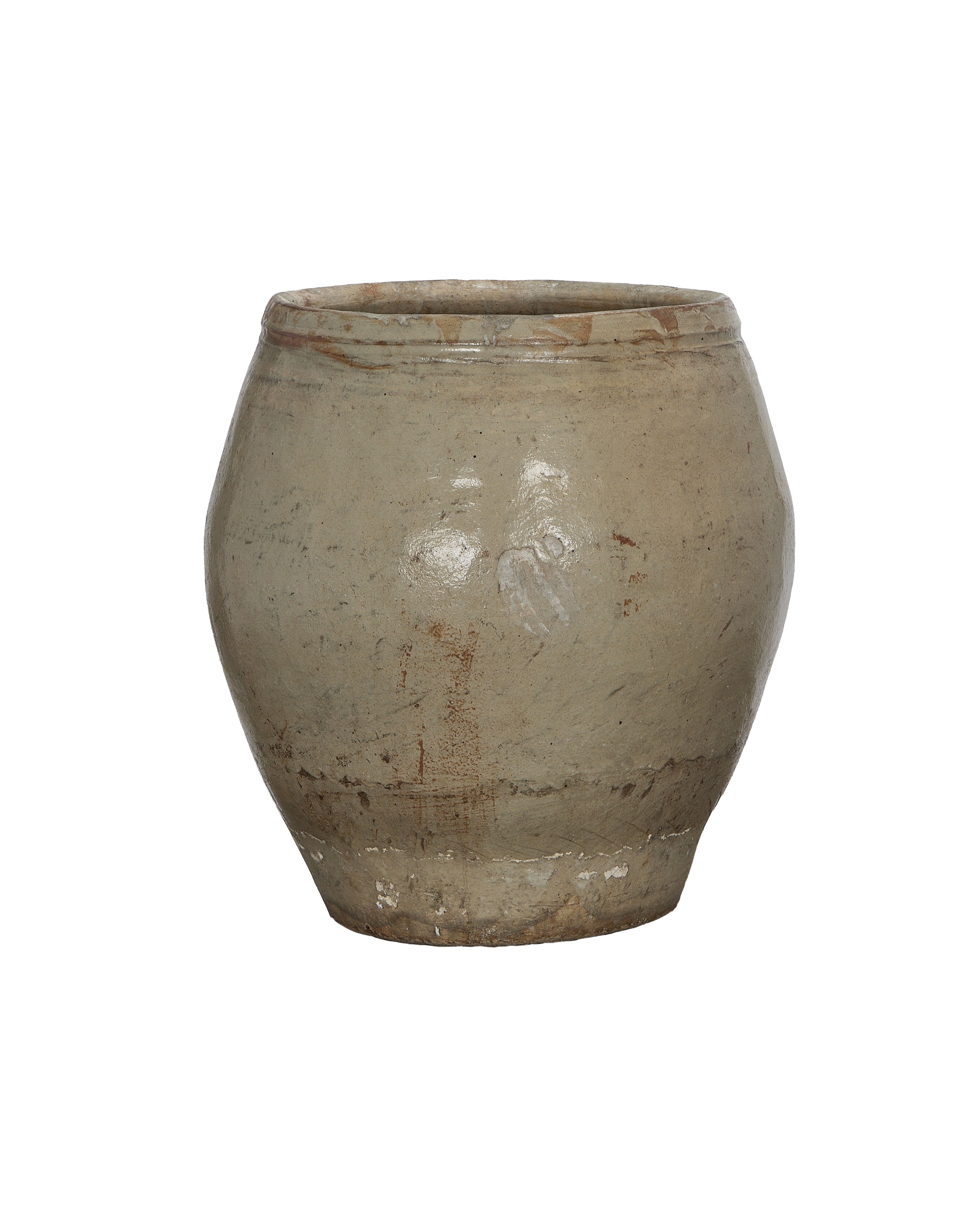 Vintage Chinese ceramic plum planter, close up of distressed, pale oak finish.