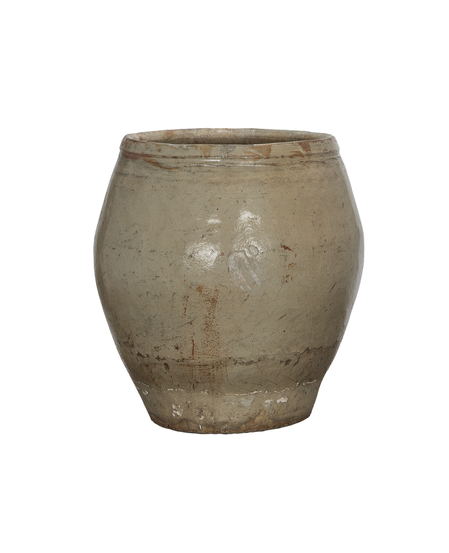 Vintage Chinese ceramic plum planter, close up of distressed, pale oak finish.