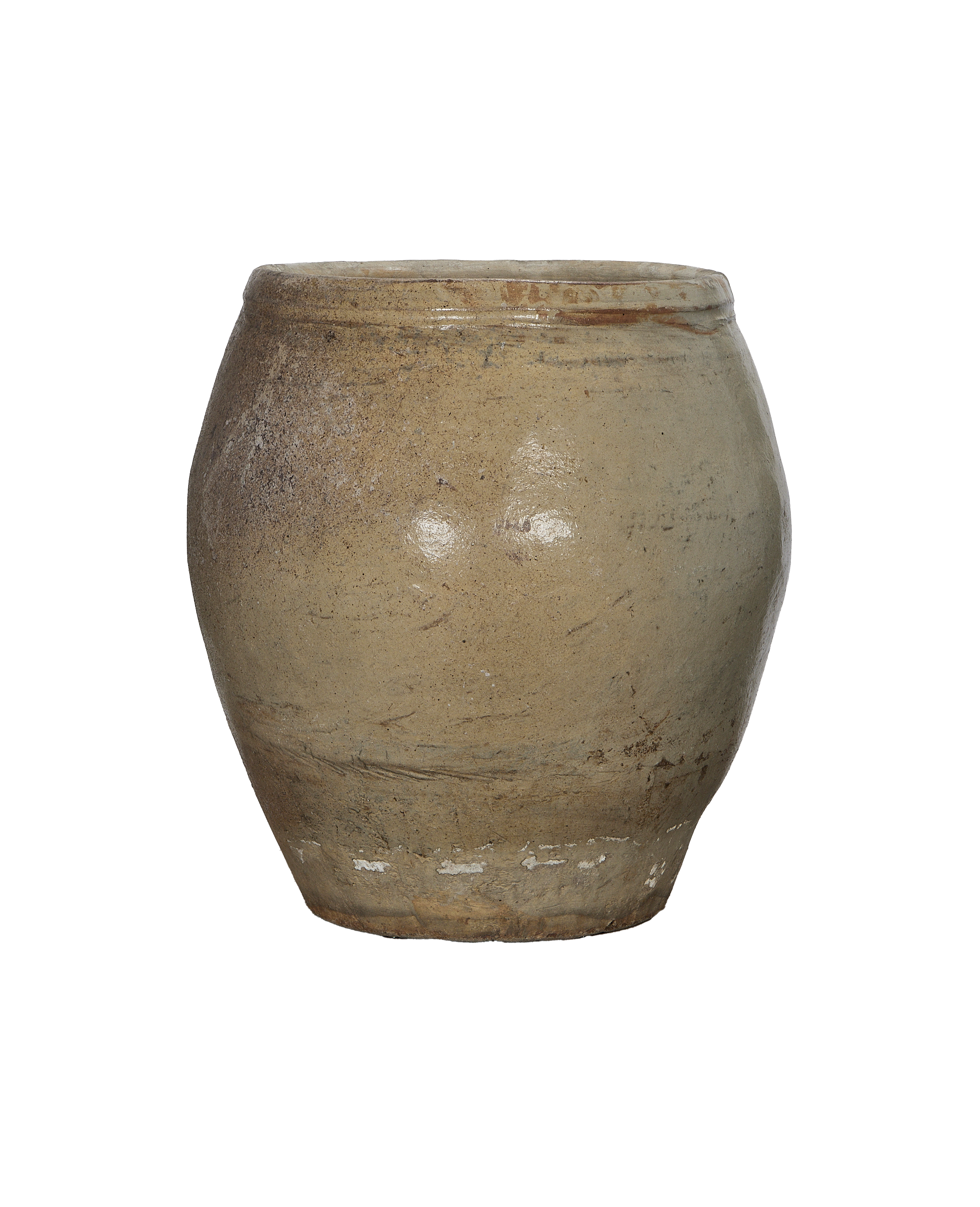 Vintage Chinese plum planter, oak-colored ceramic, showing weathered texture and natural imperfections.