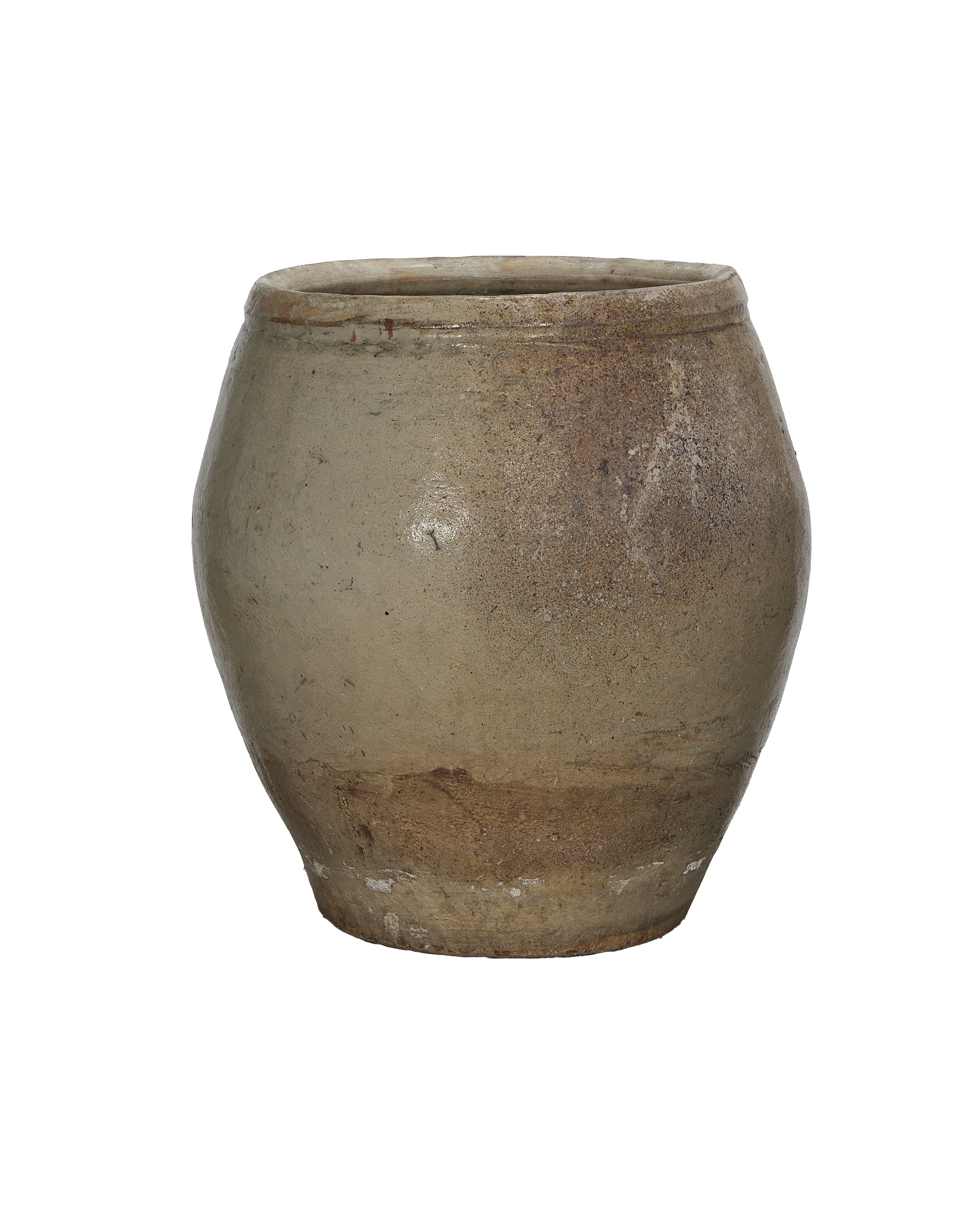 Vintage Chinese stoneware plum planter, weathered patina, showing detailed texture and subtle color variations.