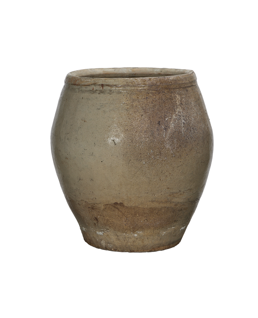 Vintage Chinese stoneware plum planter, weathered patina, showing detailed texture and subtle color variations.