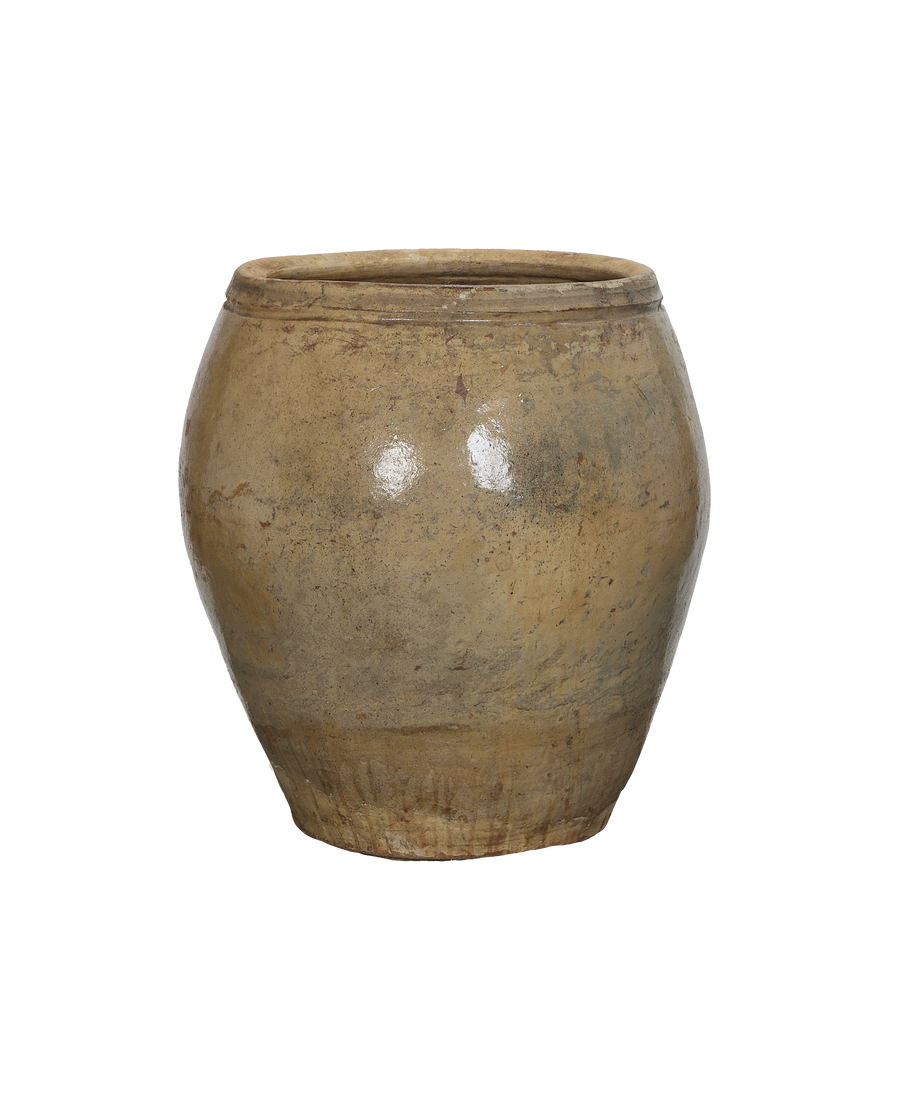 Vintage Chinese clay plum planter with subtle shiny glaze and pitted texture.