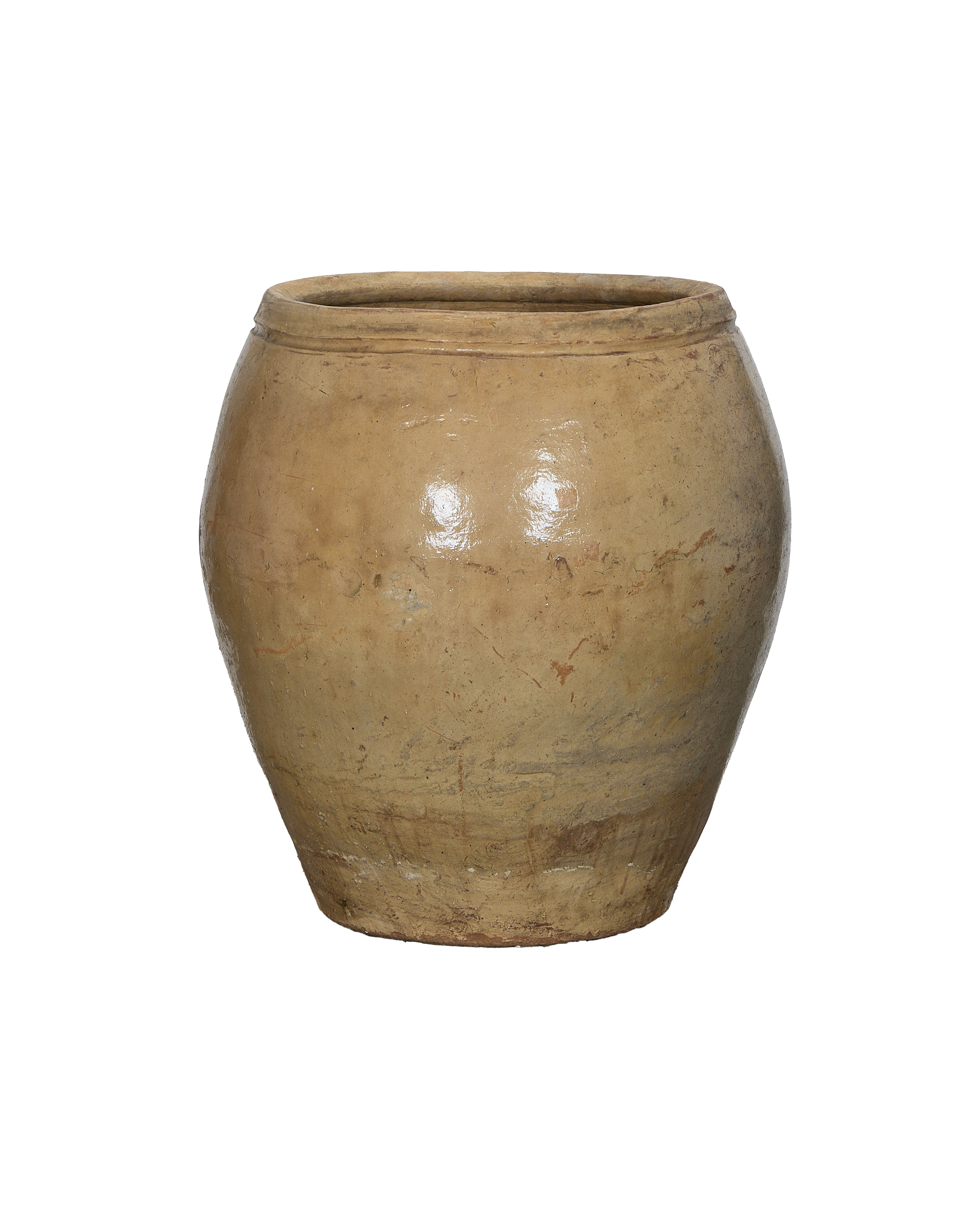 Vintage Chinese plum planter, oak-colored ceramic, side view showcasing textured surface and rim design.