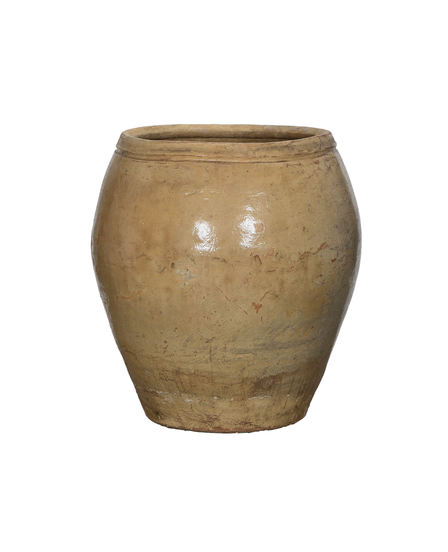 Vintage Chinese plum planter, oak-colored ceramic, side view showcasing textured surface and rim design.