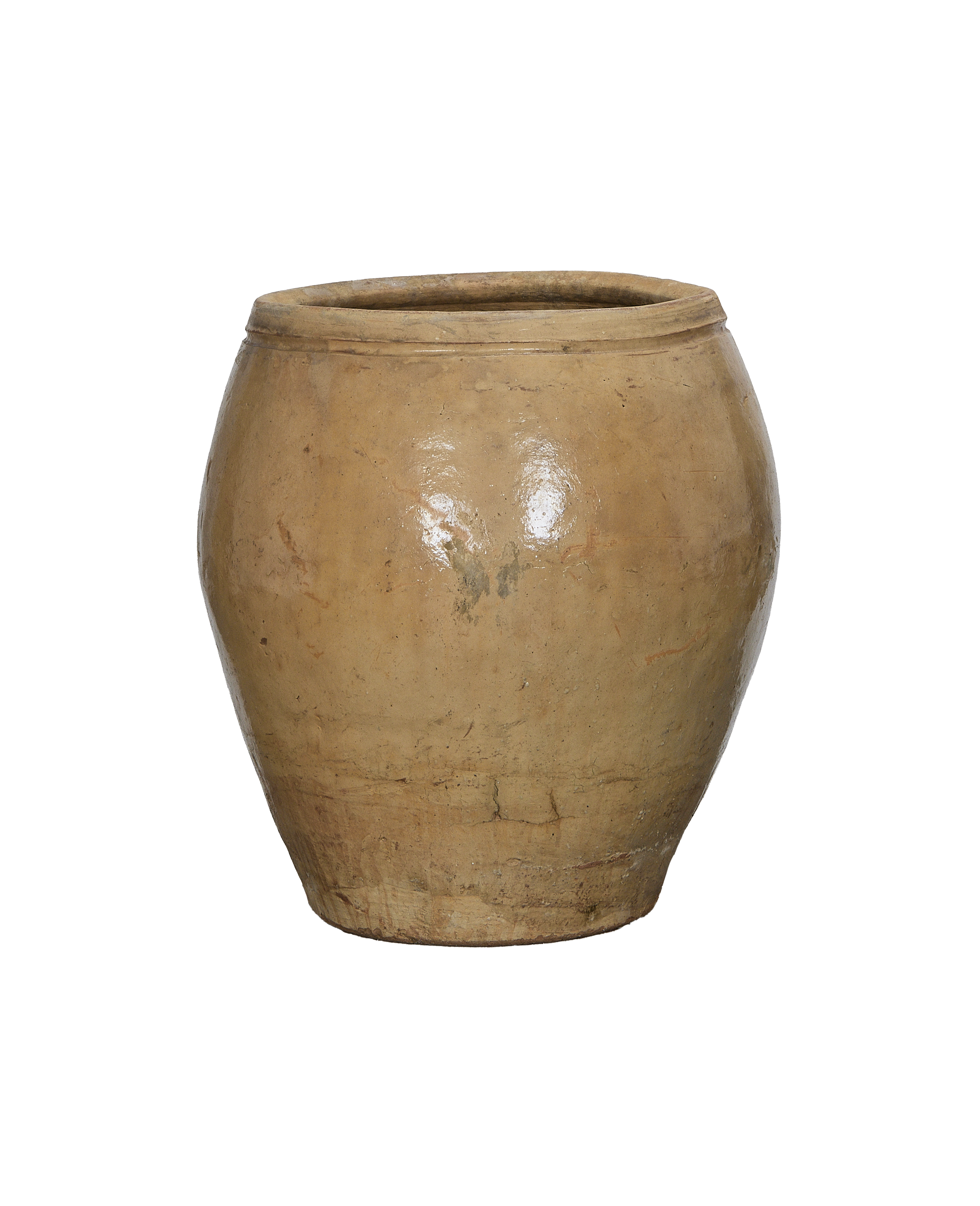 Vintage Chinese ceramic plum planter, showing weathered, crackled oak-like finish and distressed surface details.