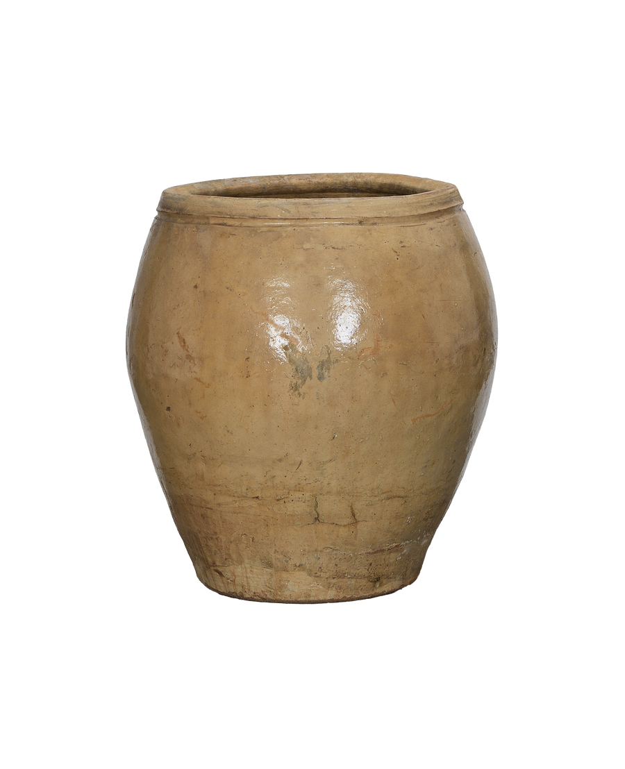Vintage Chinese ceramic plum planter, showing weathered, crackled oak-like finish and distressed surface details.