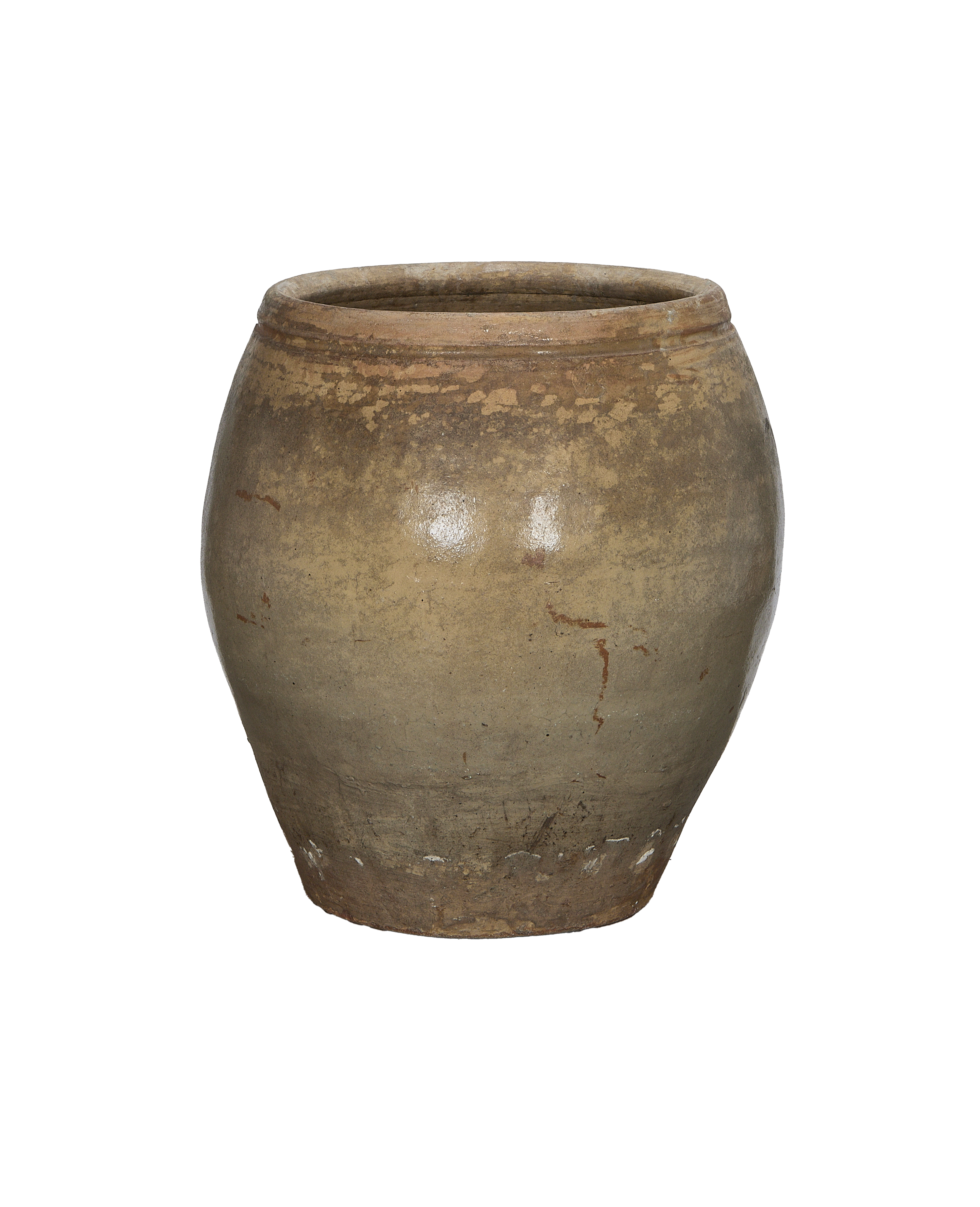 Vintage Chinese plum planter, light brown glazed terracotta, with natural distressed patina, main view.