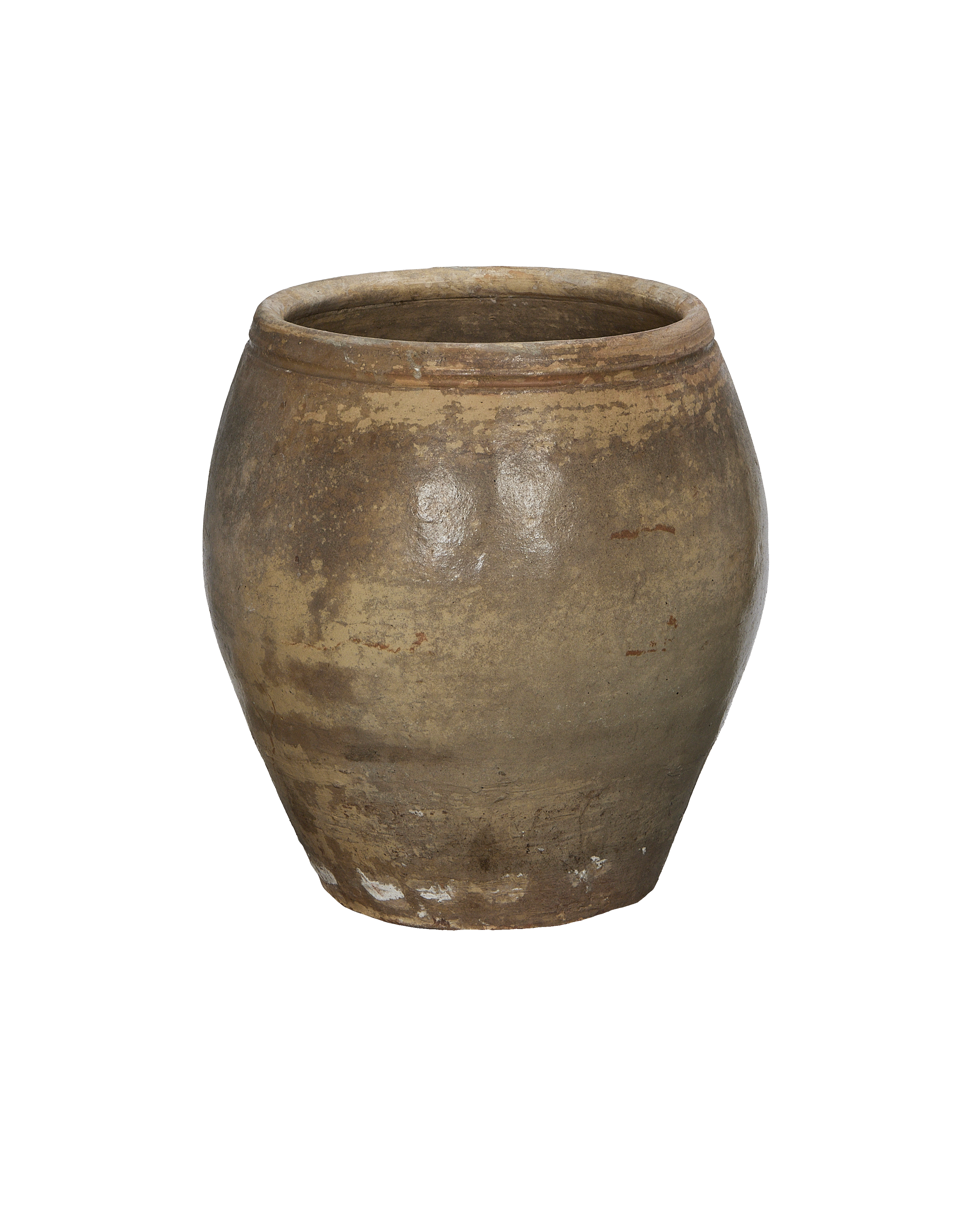 Vintage Chinese ceramic plum planter, close up showing distressed, textured surface.