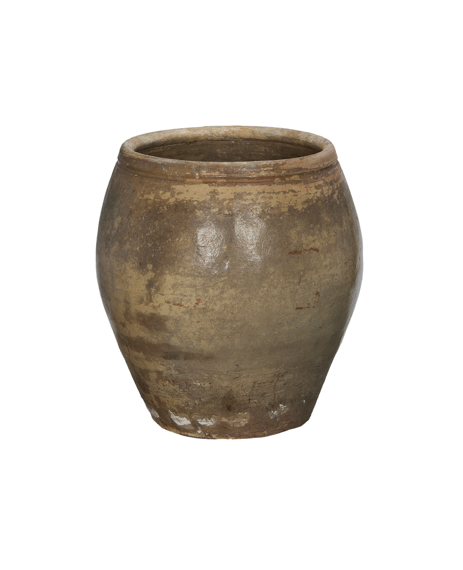 Vintage Chinese ceramic plum planter, close up showing distressed, textured surface.