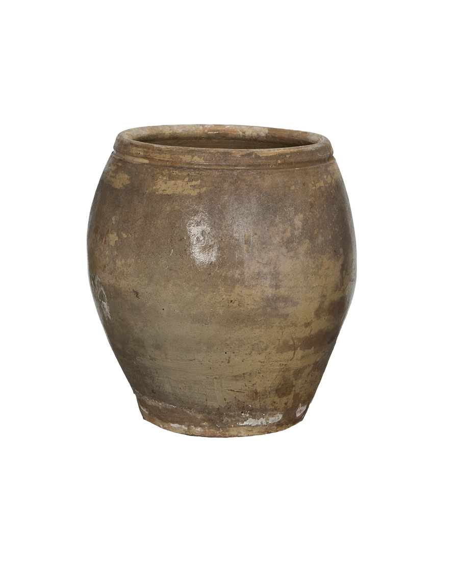 Vintage Chinese plum planter, oak-colored, with weathered texture and rim detail.