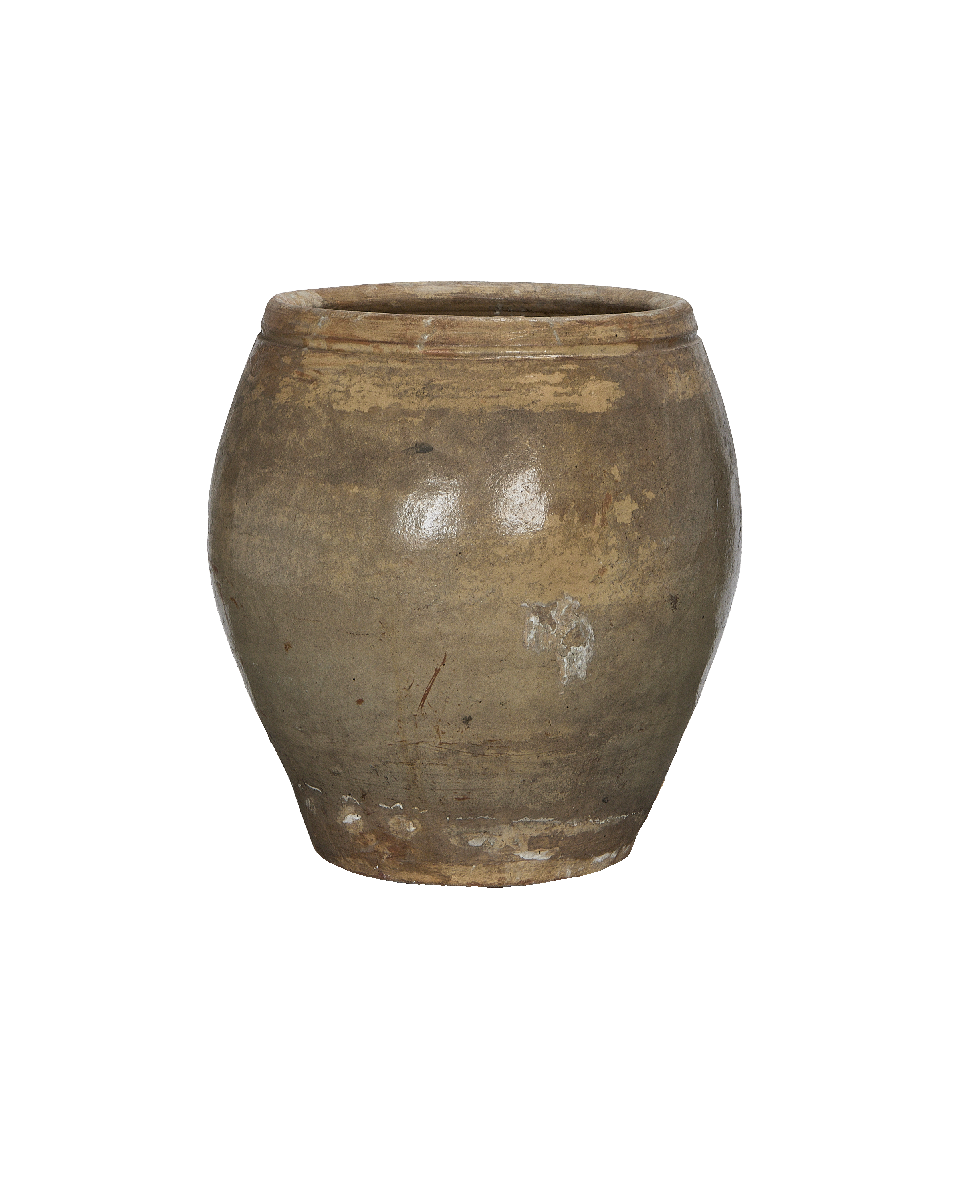 Vintage Chinese ceramic plum planter, showing weathered base and rustic texture.
