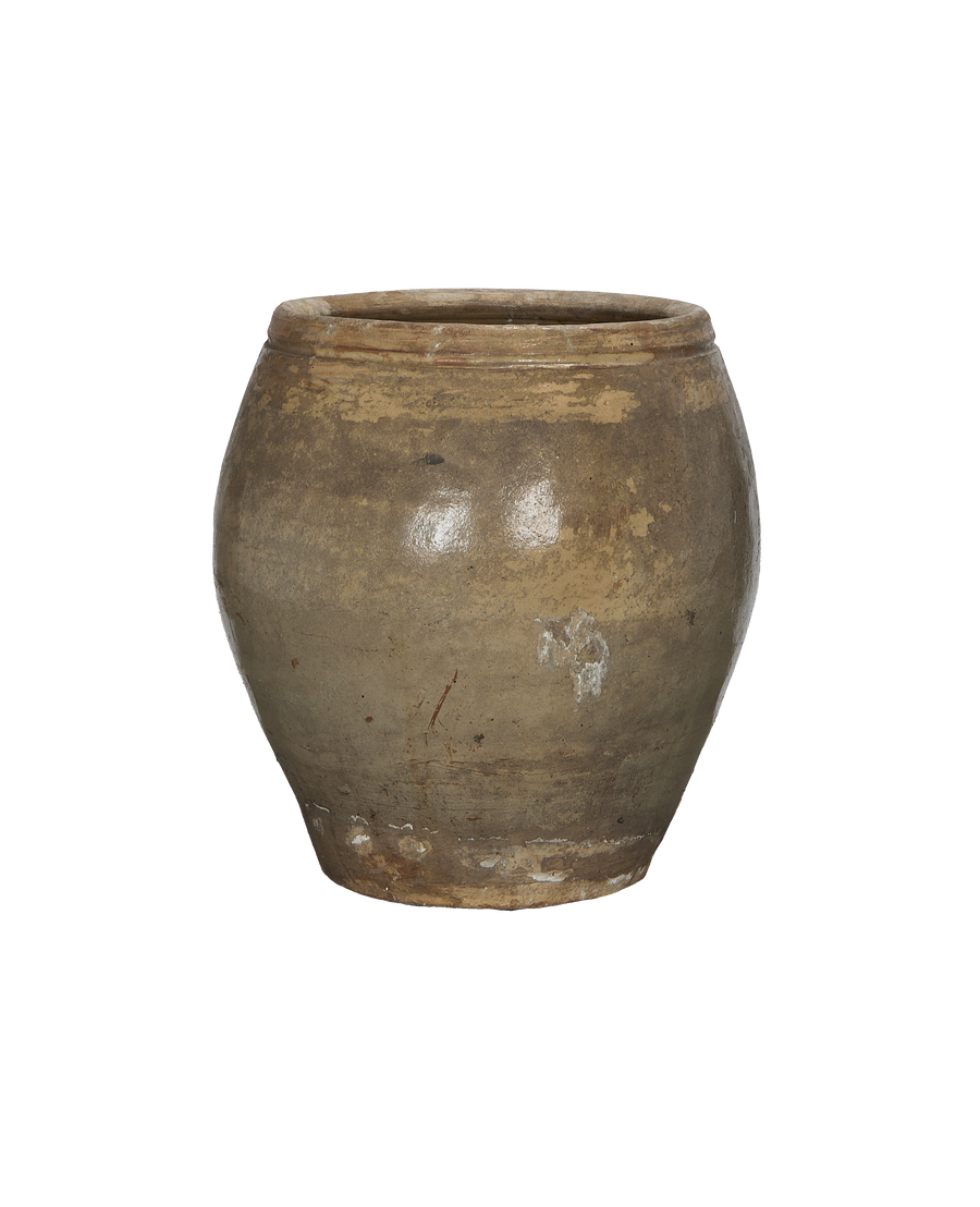 Vintage Chinese ceramic plum planter, showing weathered base and rustic texture.