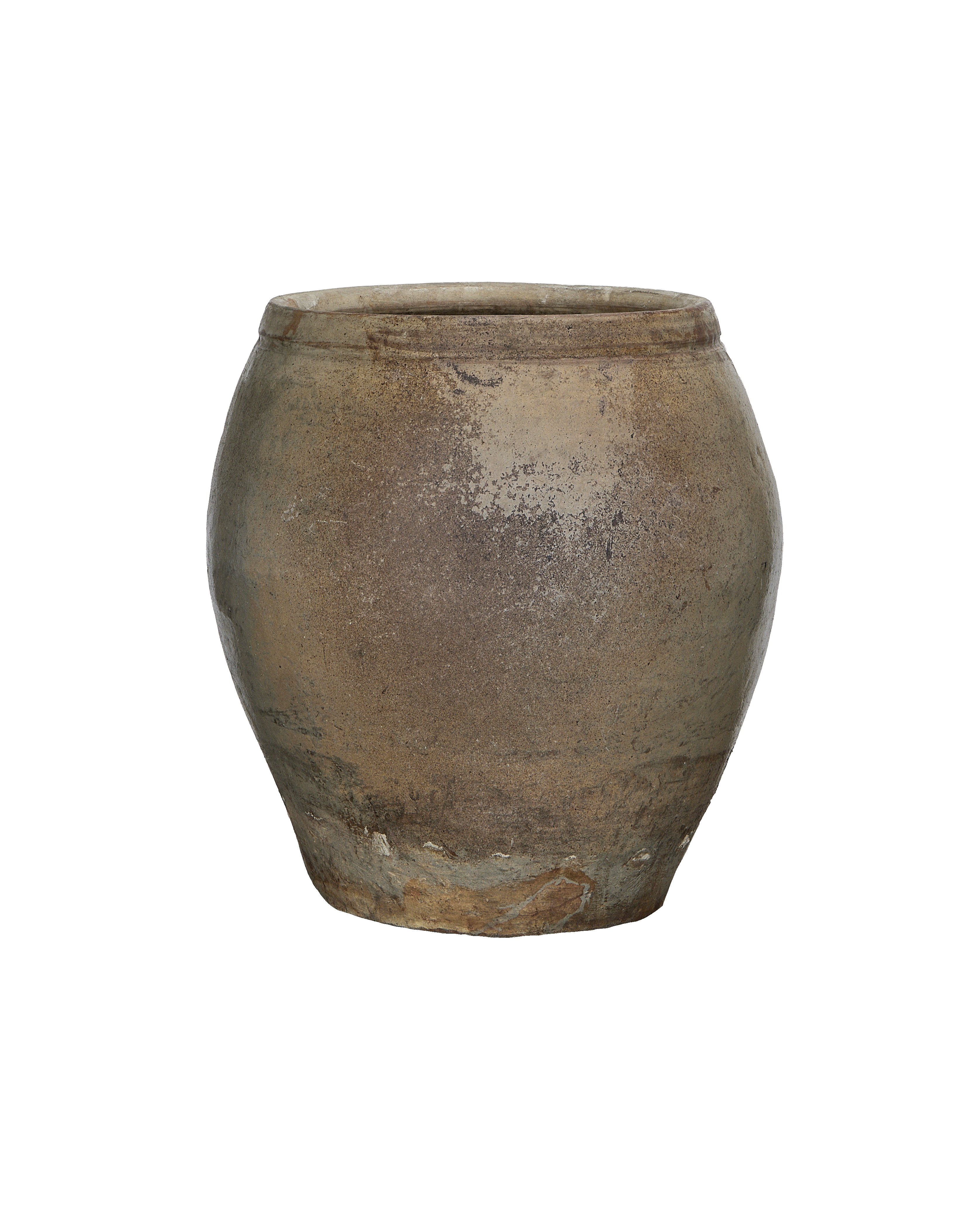 Vintage Chinese ceramic plum planter, side view showing distressed surface patina.
