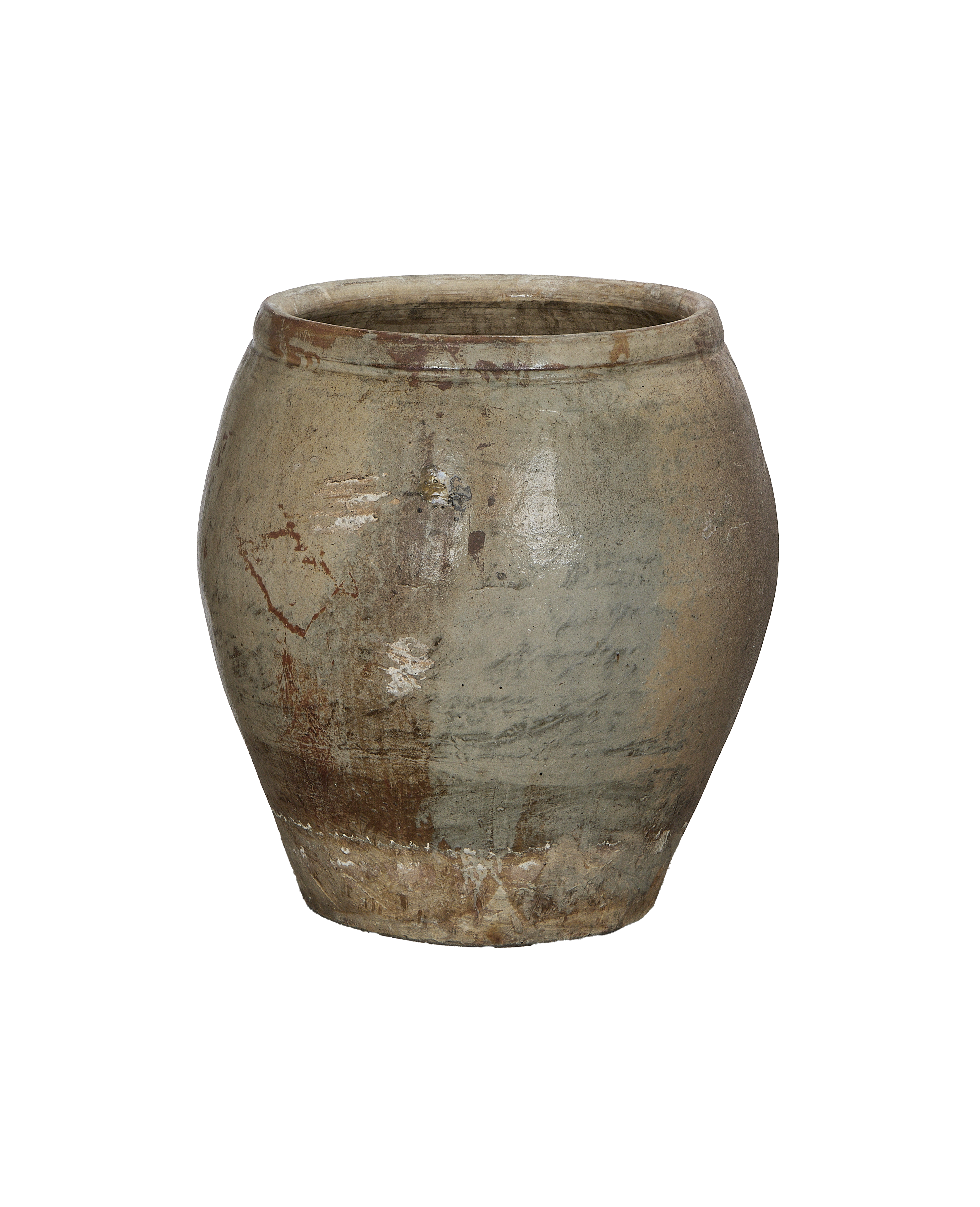 Vintage Chinese oak plum planter, textured gray patina with rust-colored variations, top exterior view.