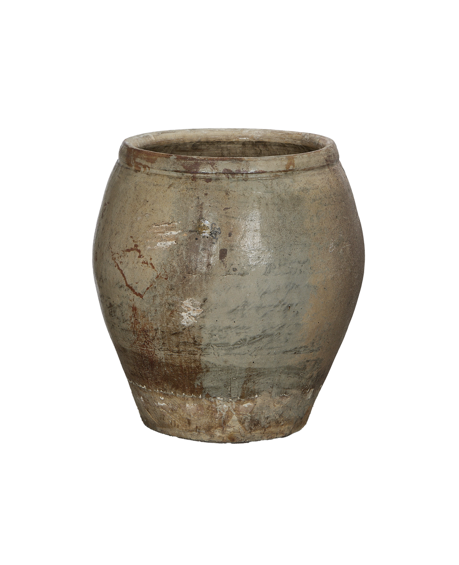 Vintage Chinese oak plum planter, textured gray patina with rust-colored variations, top exterior view.