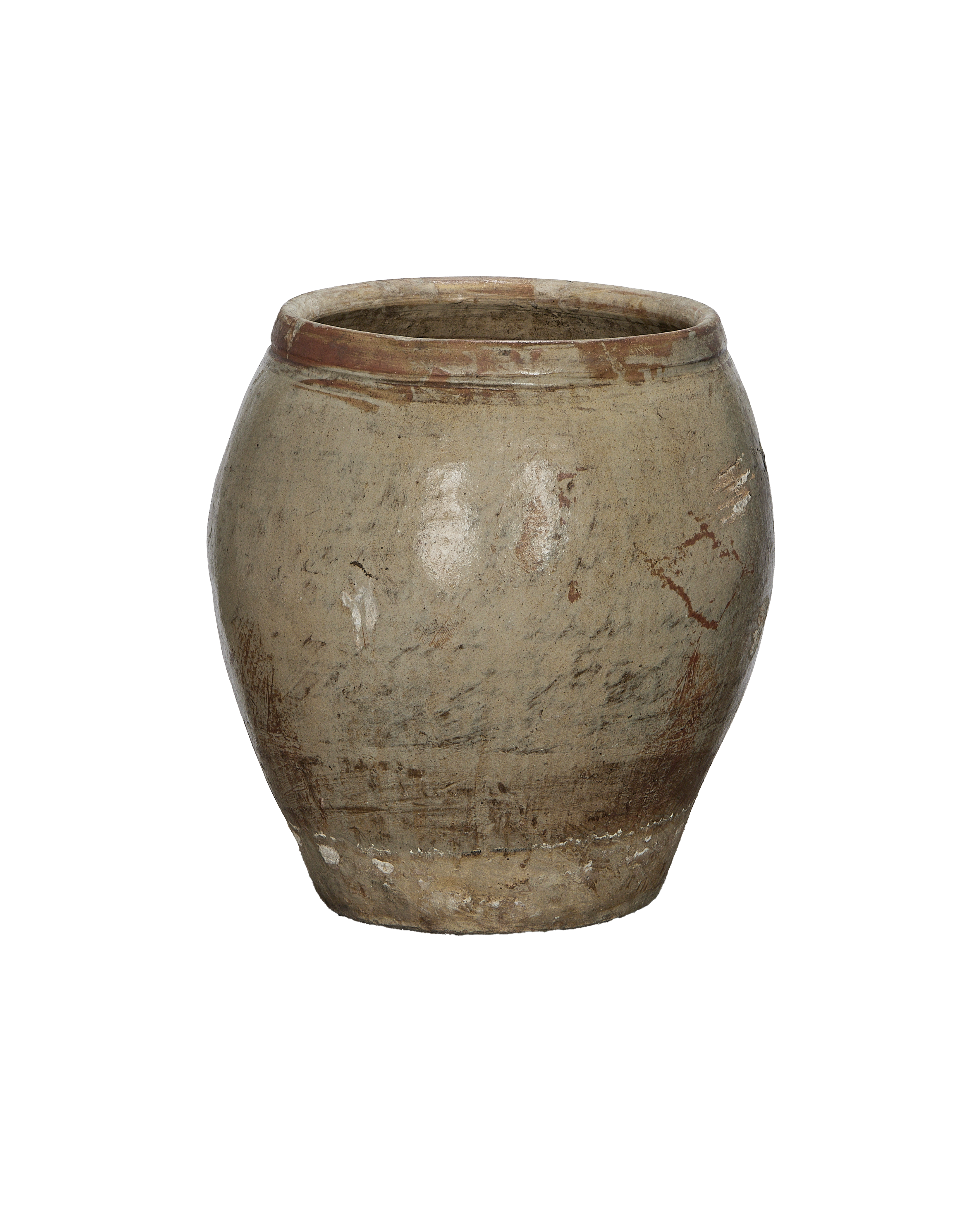 Vintage Chinese plum planter with weathered gray-beige finish and brown rim accents.