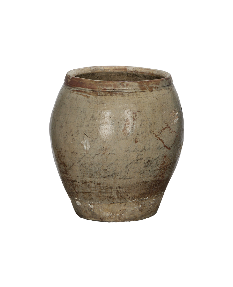 Vintage Chinese plum planter with weathered gray-beige finish and brown rim accents.