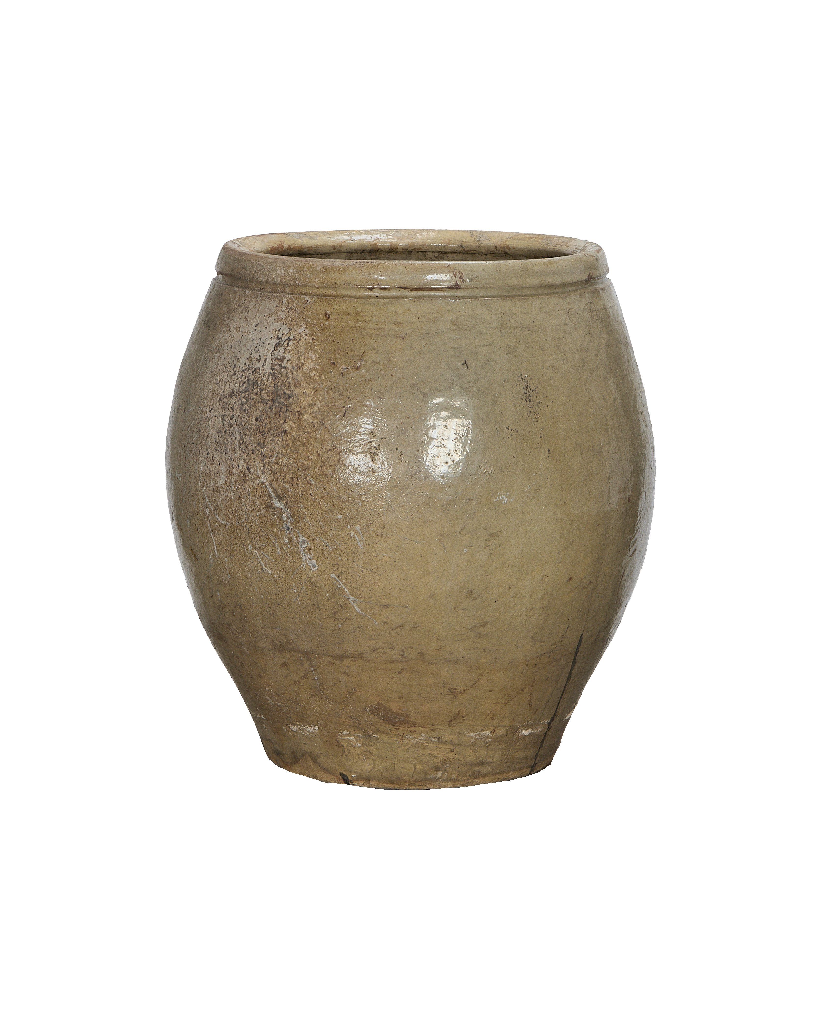 Vintage Chinese plum planter (oak barrel shaped) in distressed cream glaze.