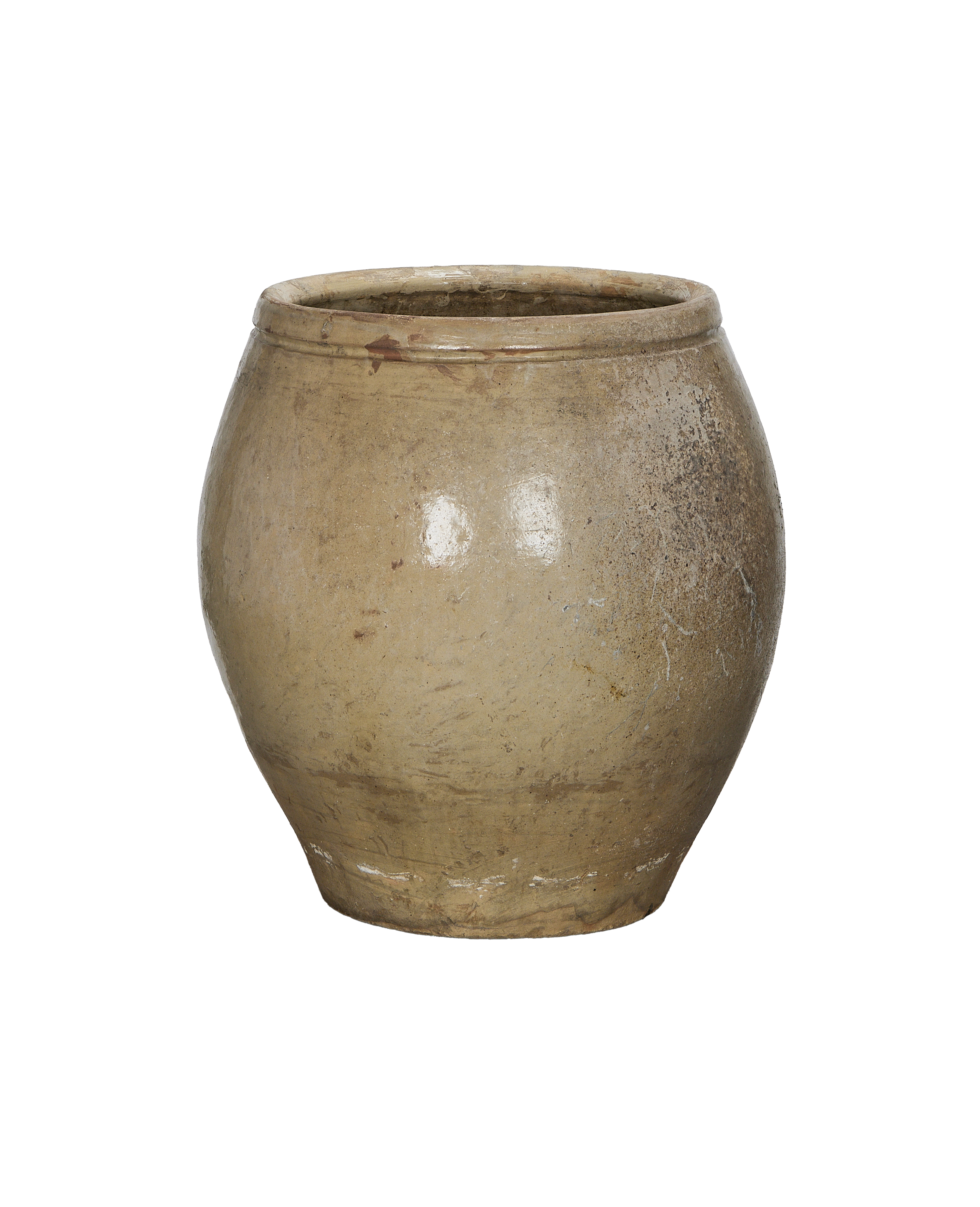 Vintage Chinese ceramic plum planter, close up of aged oak-colored surface, showing textured patina.
