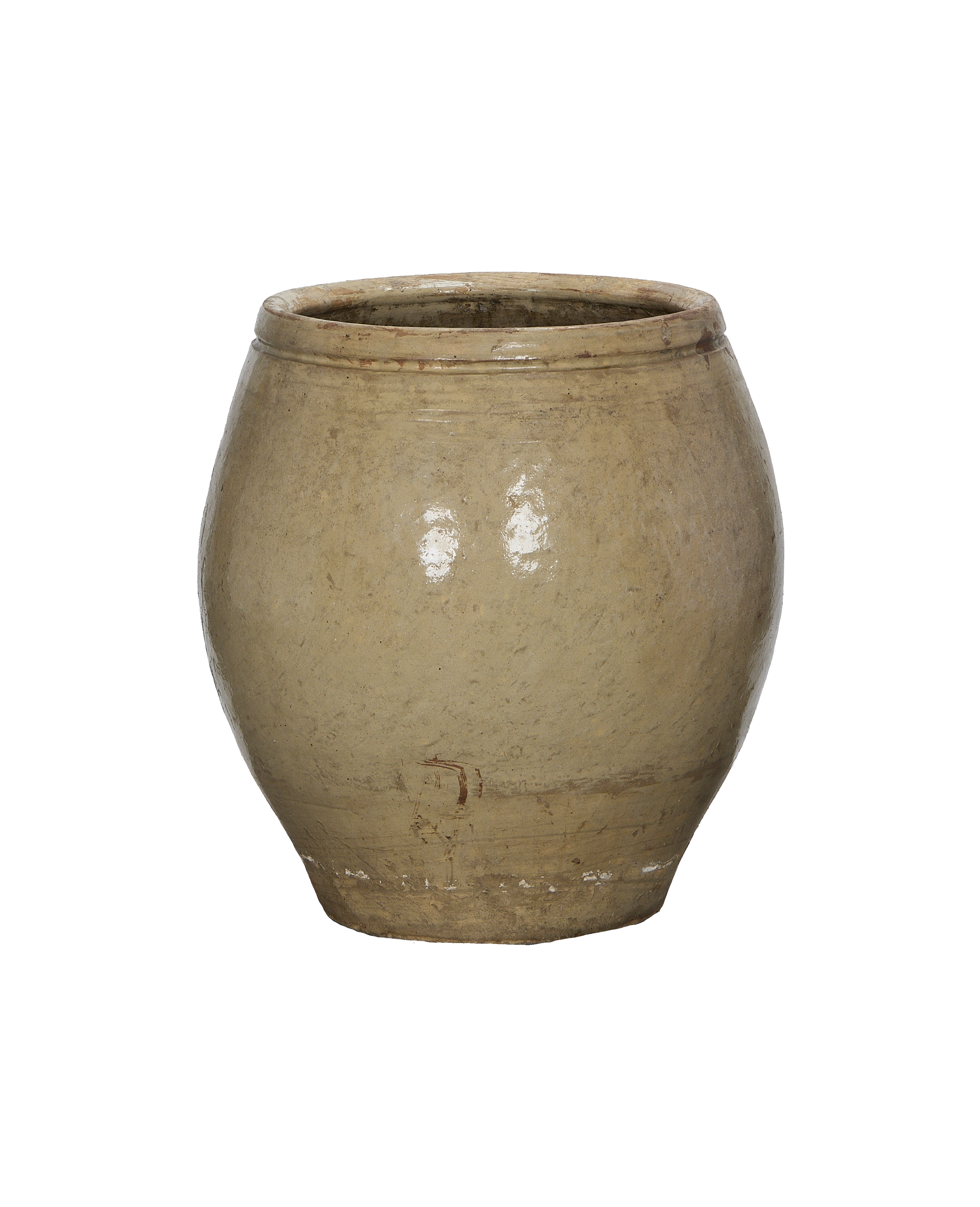 Vintage Chinese ceramic plum planter side view showing subtle texture and wear.
