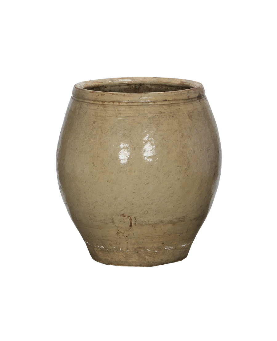 Vintage Chinese ceramic plum planter side view showing subtle texture and wear.
