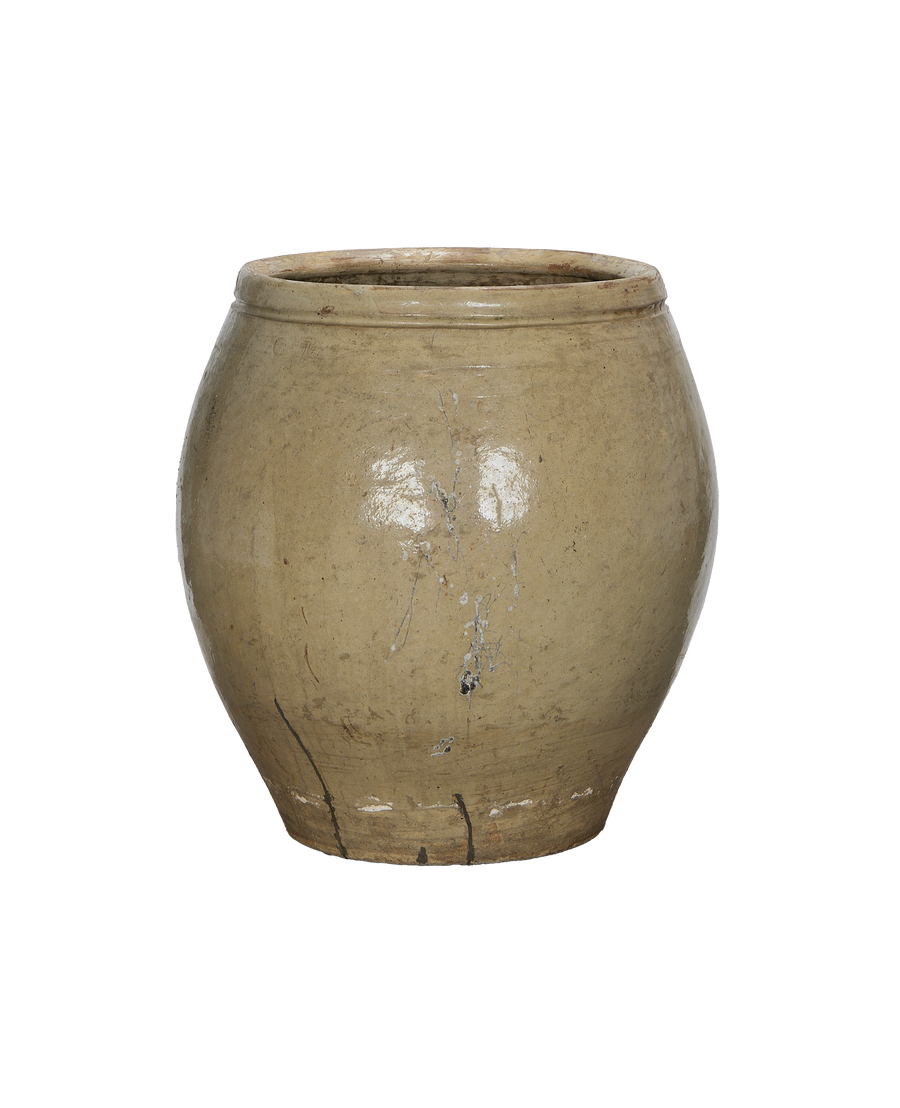 Vintage Chinese oak plum planter, antique condition, showing full side with imperfections.