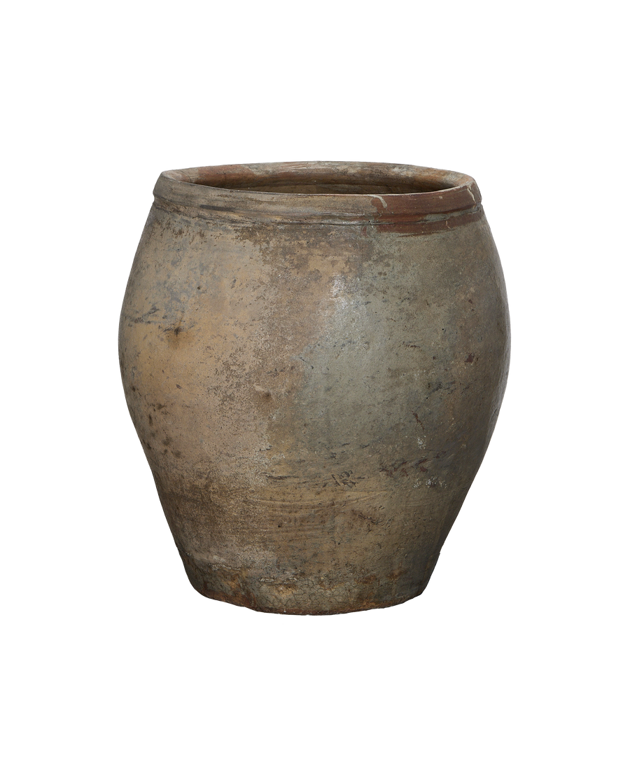 Vintage Chinese oak plum planter, weathered rustic surface, visible lip detail.