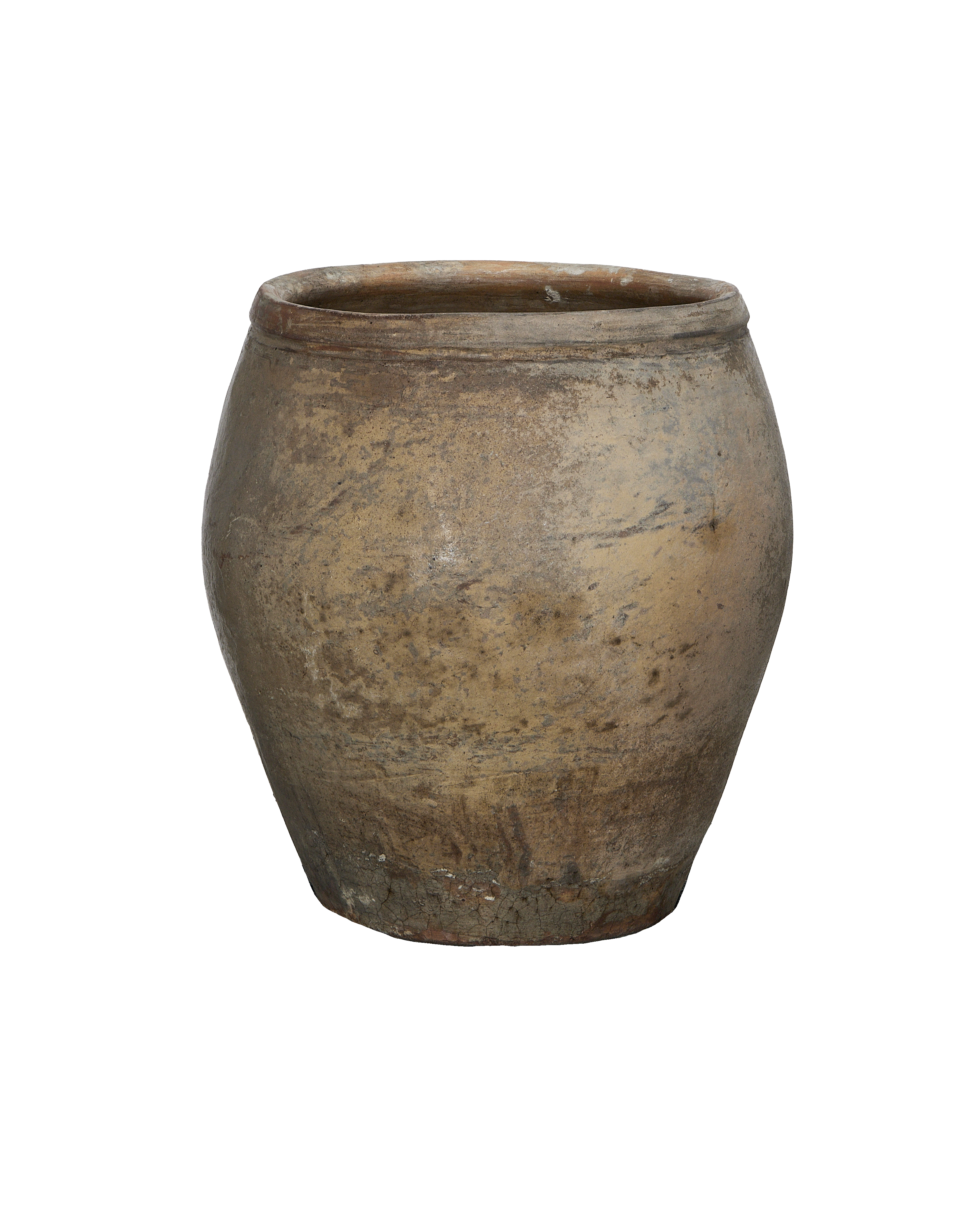 Vintage Chinese ceramic plum planter, close up of distressed, unglazed surface texture.