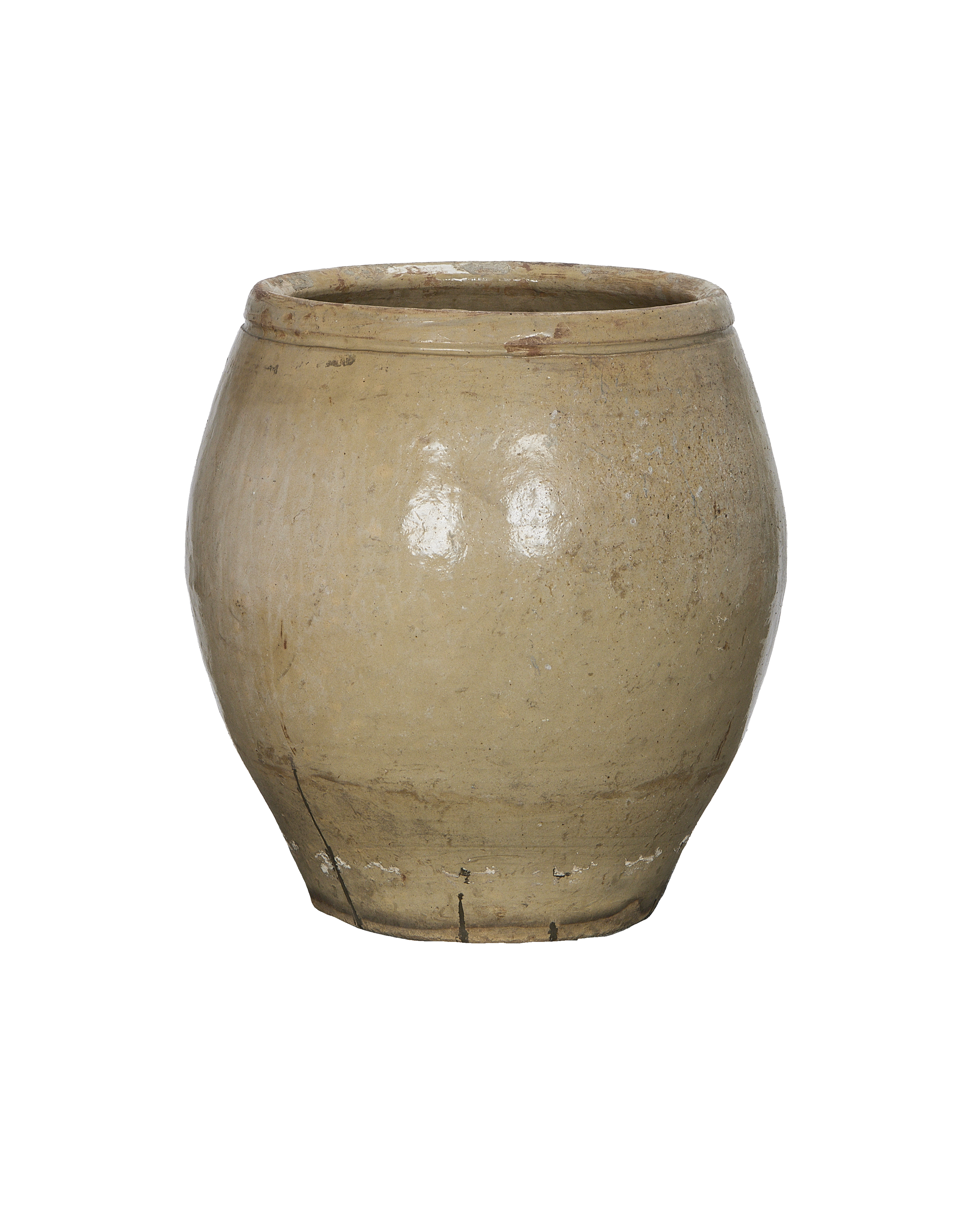 Vintage Chinese stoneware plum planter, glazed light tan, rustic, weathered condition.