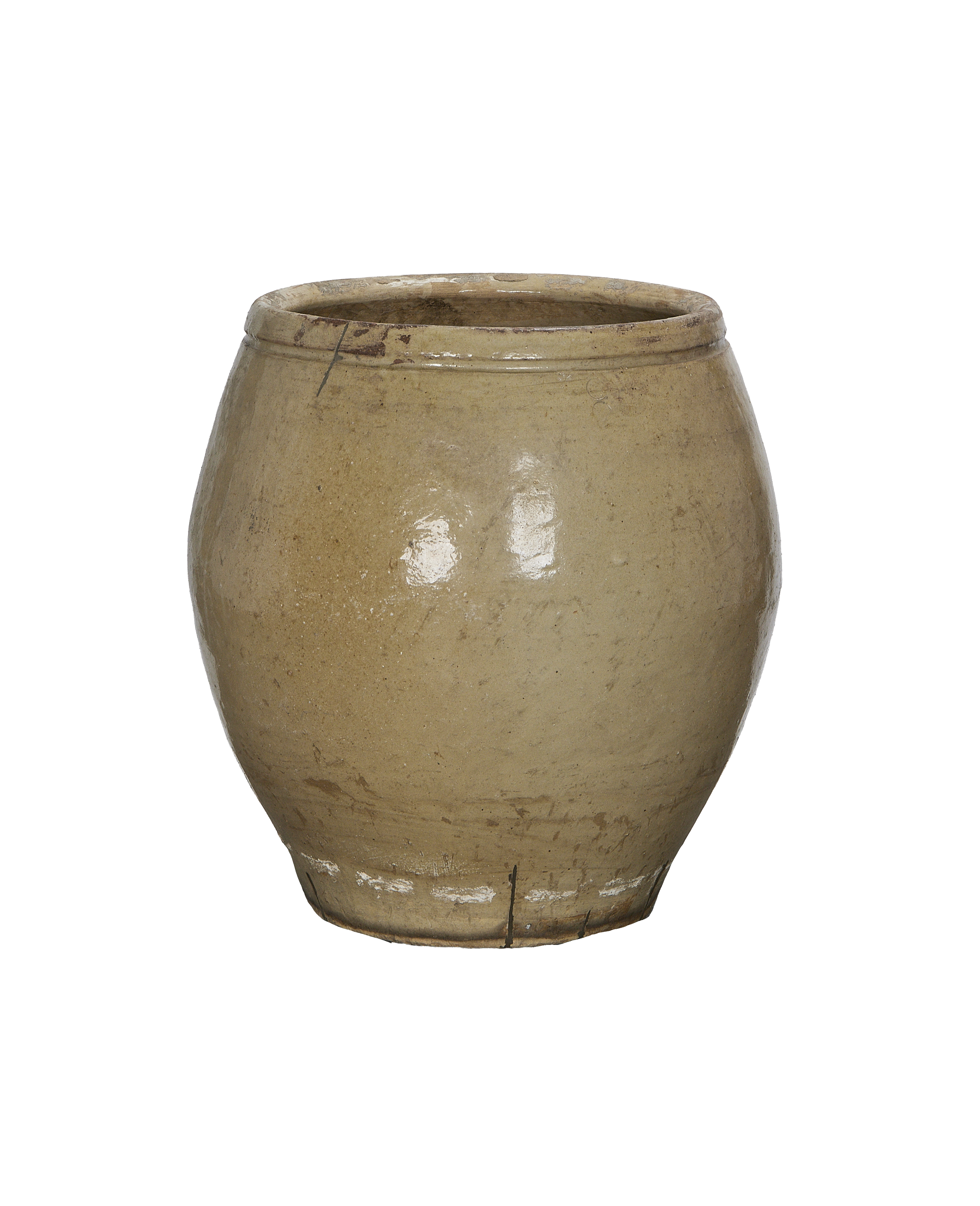 Vintage Chinese stoneware plum planter, full side profile, showing textured surface.