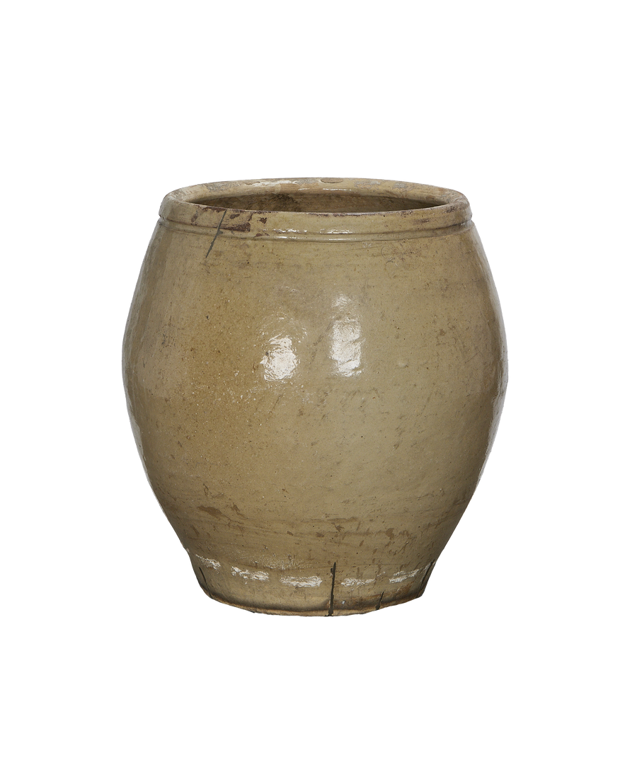 Vintage Chinese stoneware plum planter, full side profile, showing textured surface.