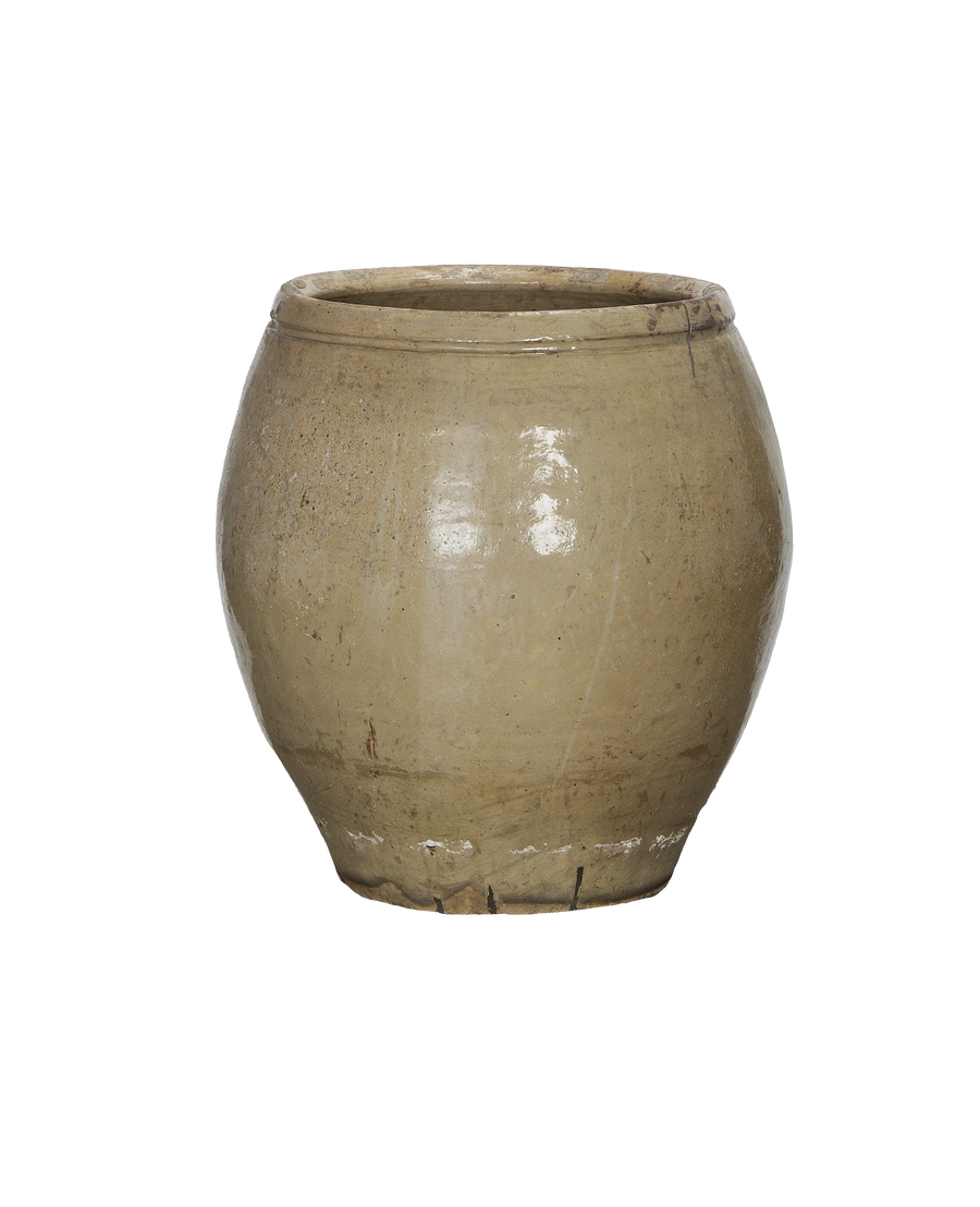 Chinese vintage plum planter, oak, showing subtle cracks and aged patina detail.