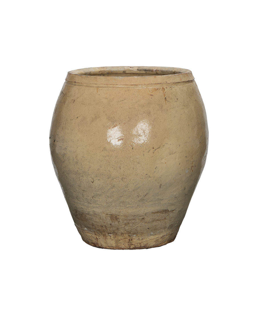 Vintage Chinese plum planter, oak-colored, showcasing textured material and aged patina up-close.