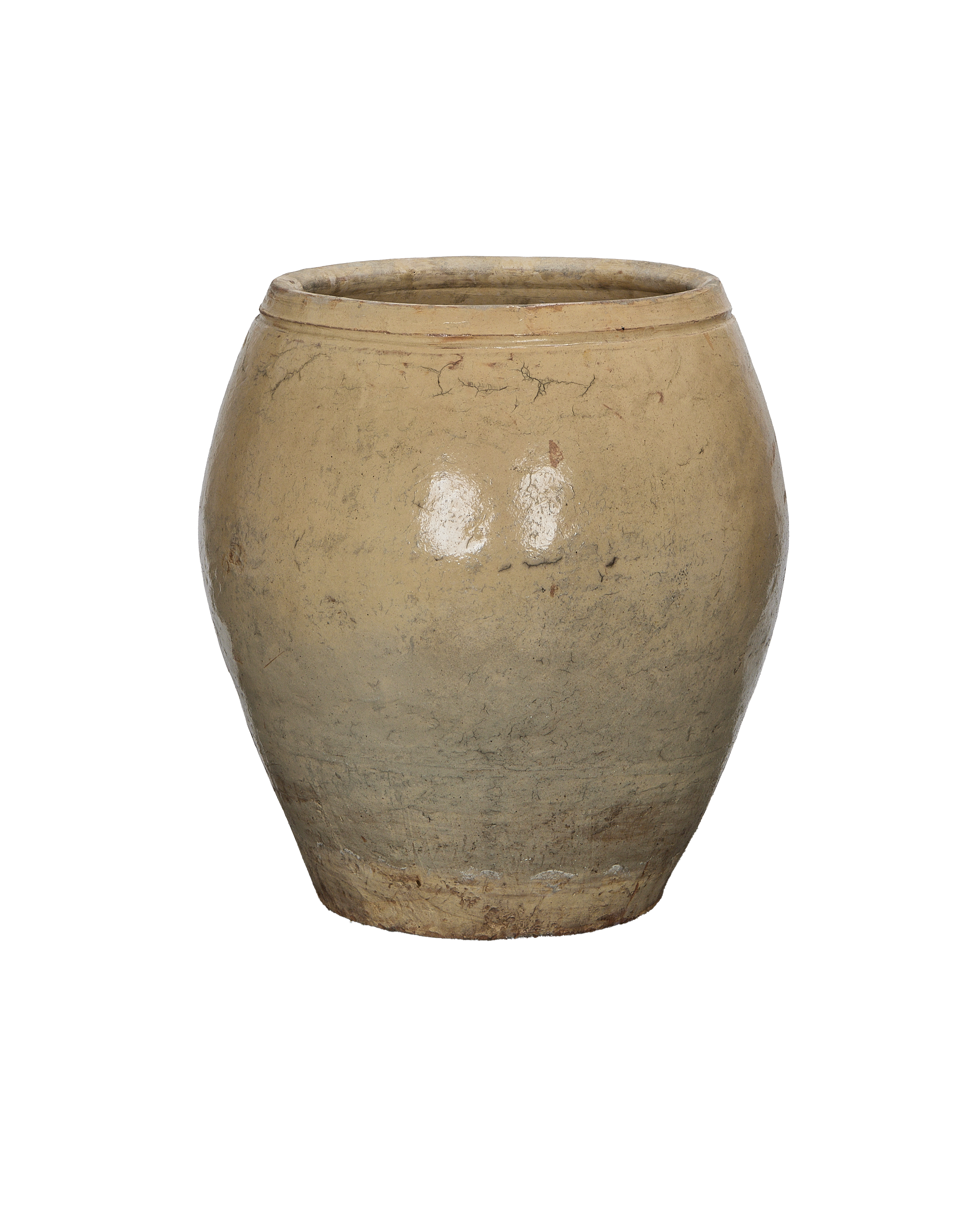 Vintage Chinese plum planter, oak-toned, showcasing its rustic texture and subtly flared rim.