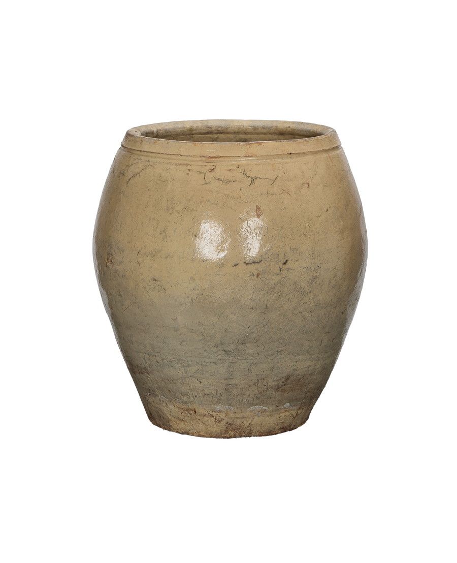 Vintage Chinese plum planter, oak-toned, showcasing its rustic texture and subtly flared rim.