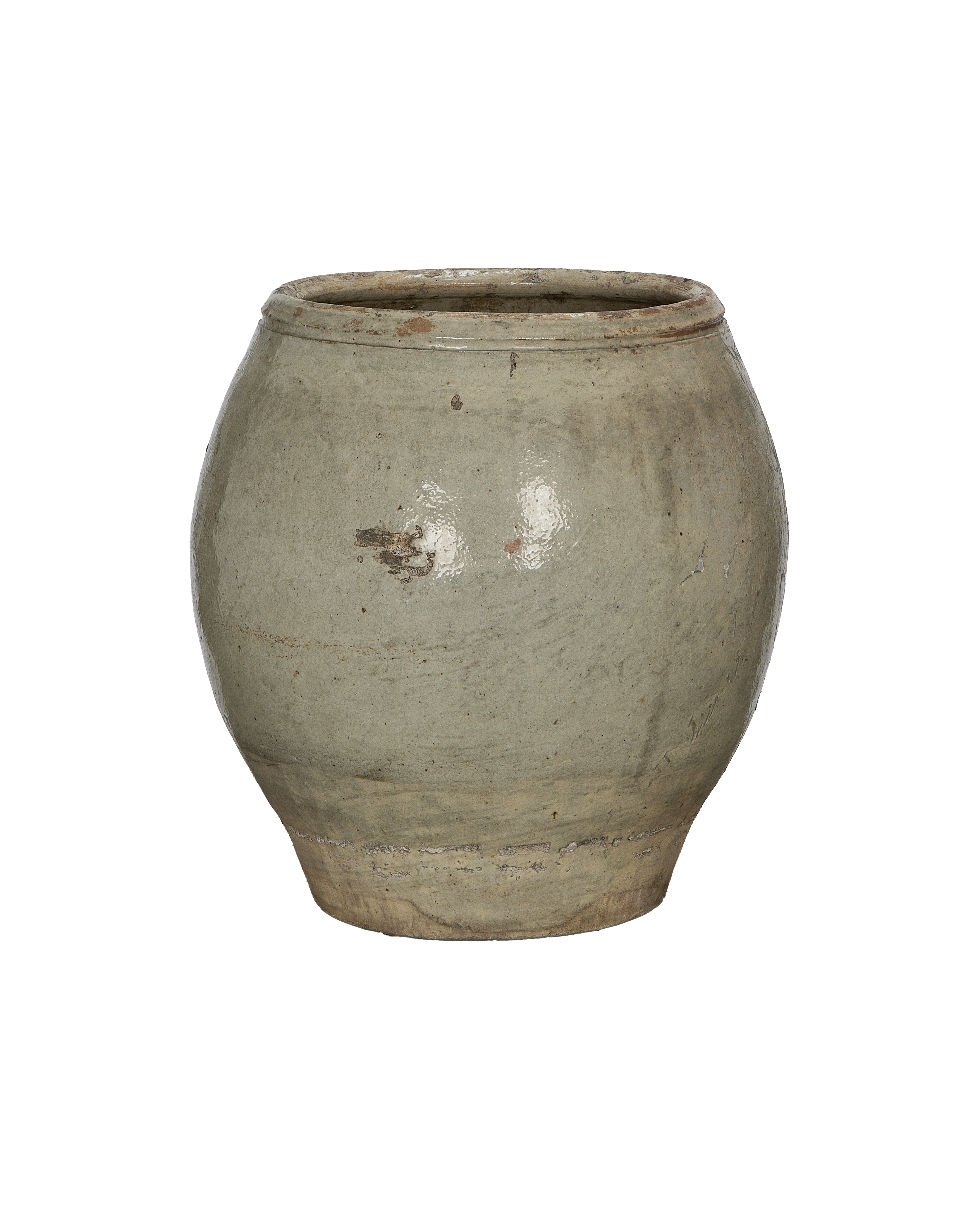 Vintage Chinese plum planter, pale green glazed oak, rustic patina.